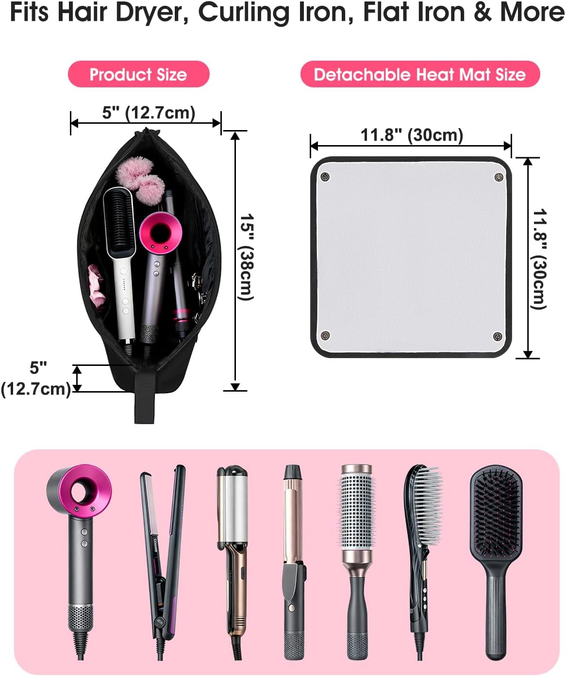 Hair Tools Travel Bag - Heat-Resistant Mat & Large Capacity Organizer for Curling Iron, Flat Iron, Blow Dryer | Portable Travel Case (Midnight)