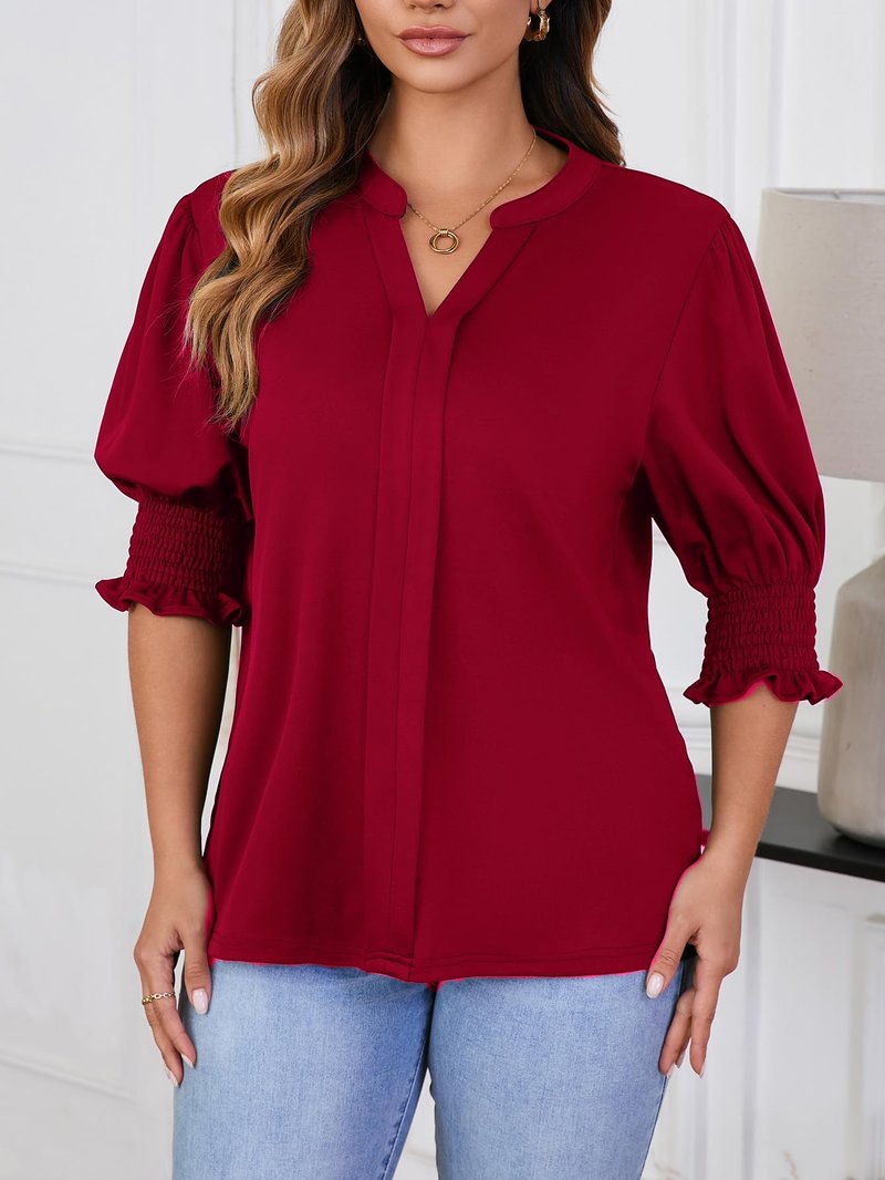Tewsut Womens Plus Size Tops Oversized T Shirts Dressy V Neck Summer Blouses Casual Tunic Puff Short Sleeve Tops 1X-5X Burgundy