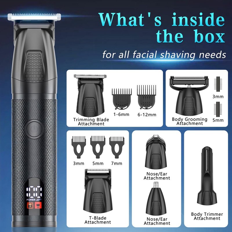 Bomxin Beard Trimmer for Men 6 in 1 Cordless Waterproof Electric Hair Clippers Mustache Body Face Trimmer All in One Grooming Kit with LED Display USB Rechargeable