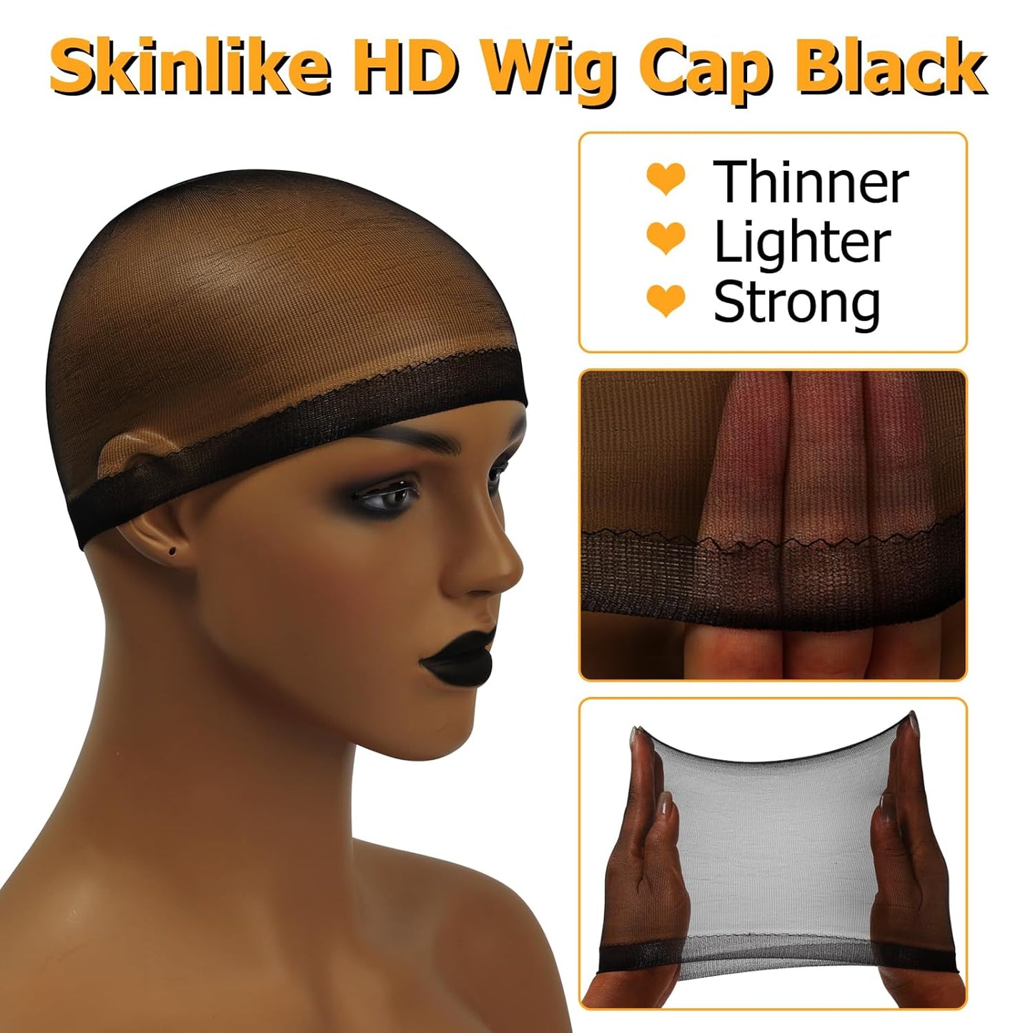 Black Skinlike HD Wig Cap - 24 Ultra-Thin Stretchy Stocking Caps | Invisible & Breathable for Lace Front Wigs