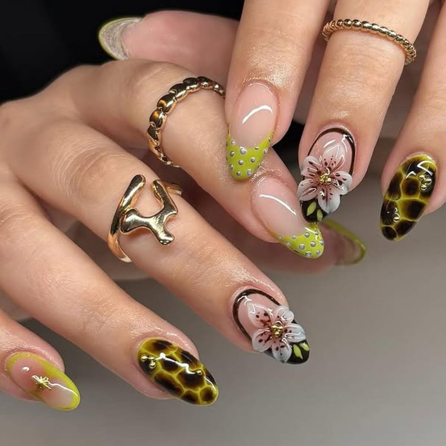 French Tip Press-On Nails - Medium Almond Shape with 3D Bow & Pearl Charms | 24 Pcs Spring Design