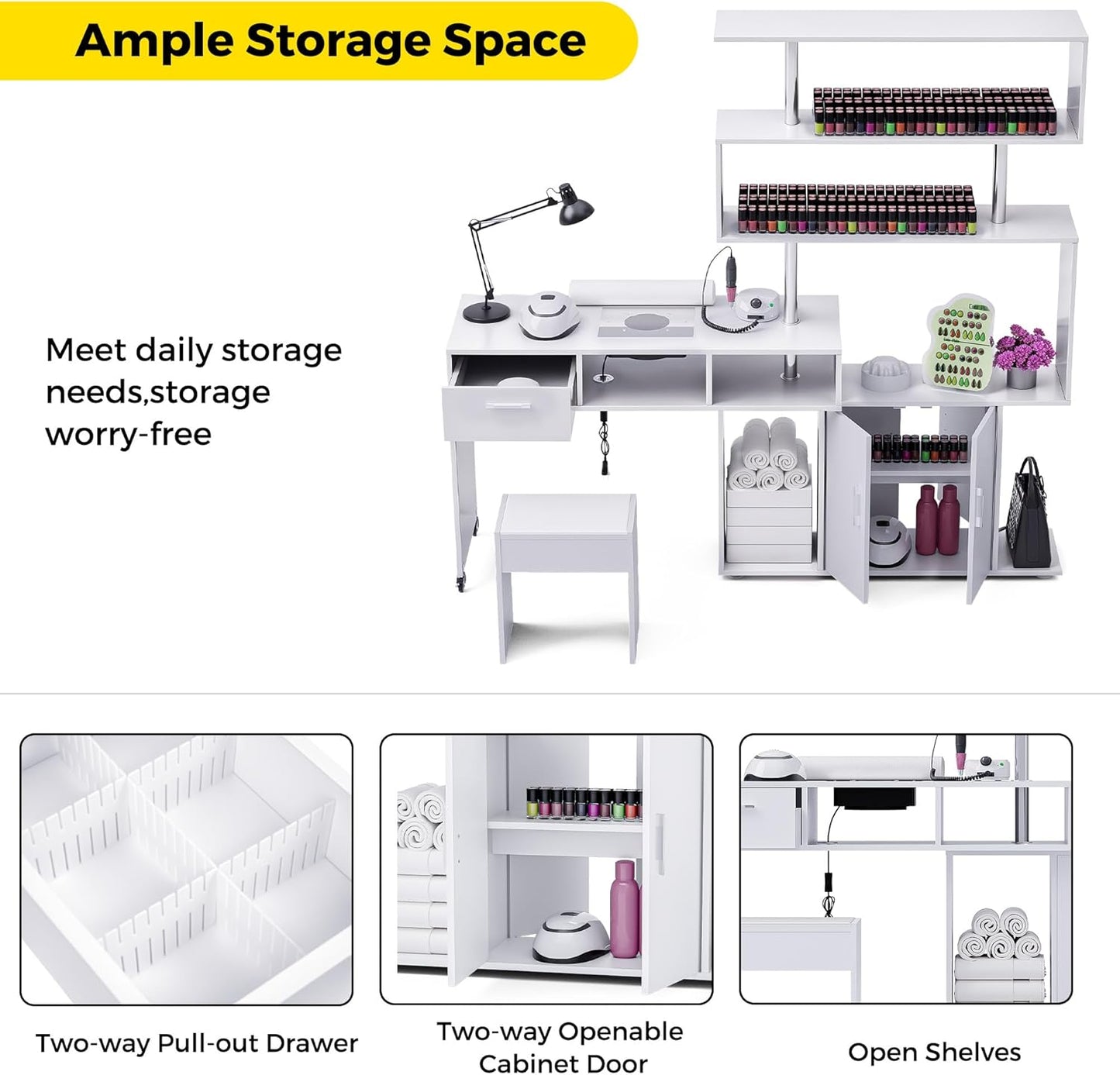 Manicure Table - L-Shaped Nail Desk with Dust Collector & Storage | Mobile Workstation in White