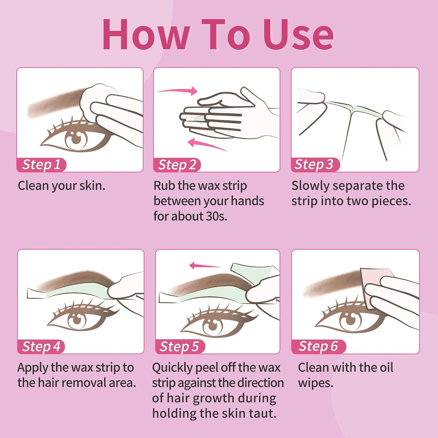 Eyebrow Wax Strips for Women - Facial Hair Removal | 56 Large Strips + 6 Calming Oil Wipes