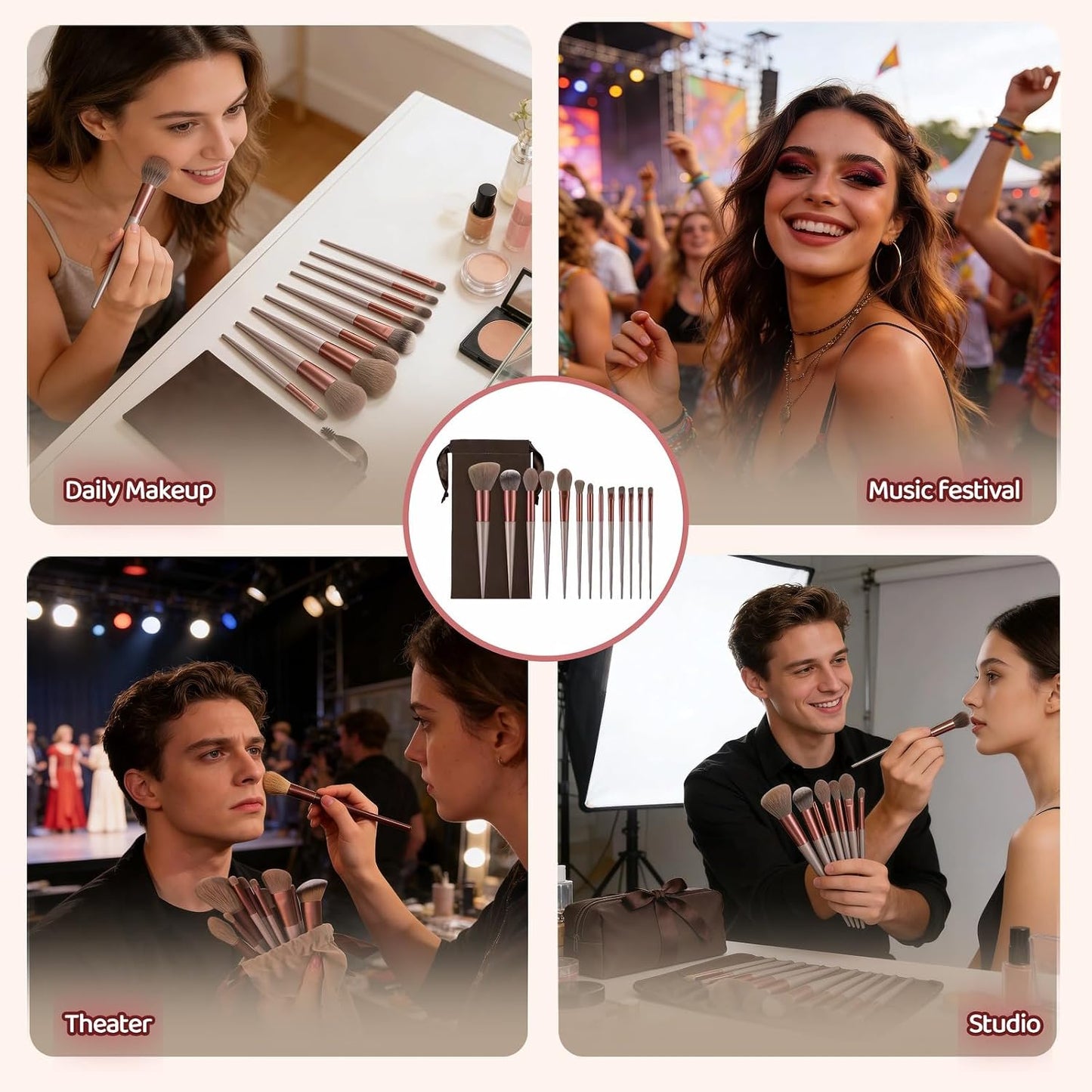 Makeup Brush Set - 13 Piece Professional Cosmetic Brushes | Hypoallergenic Synthetic Bristles for Face & Eye Application (Brown)