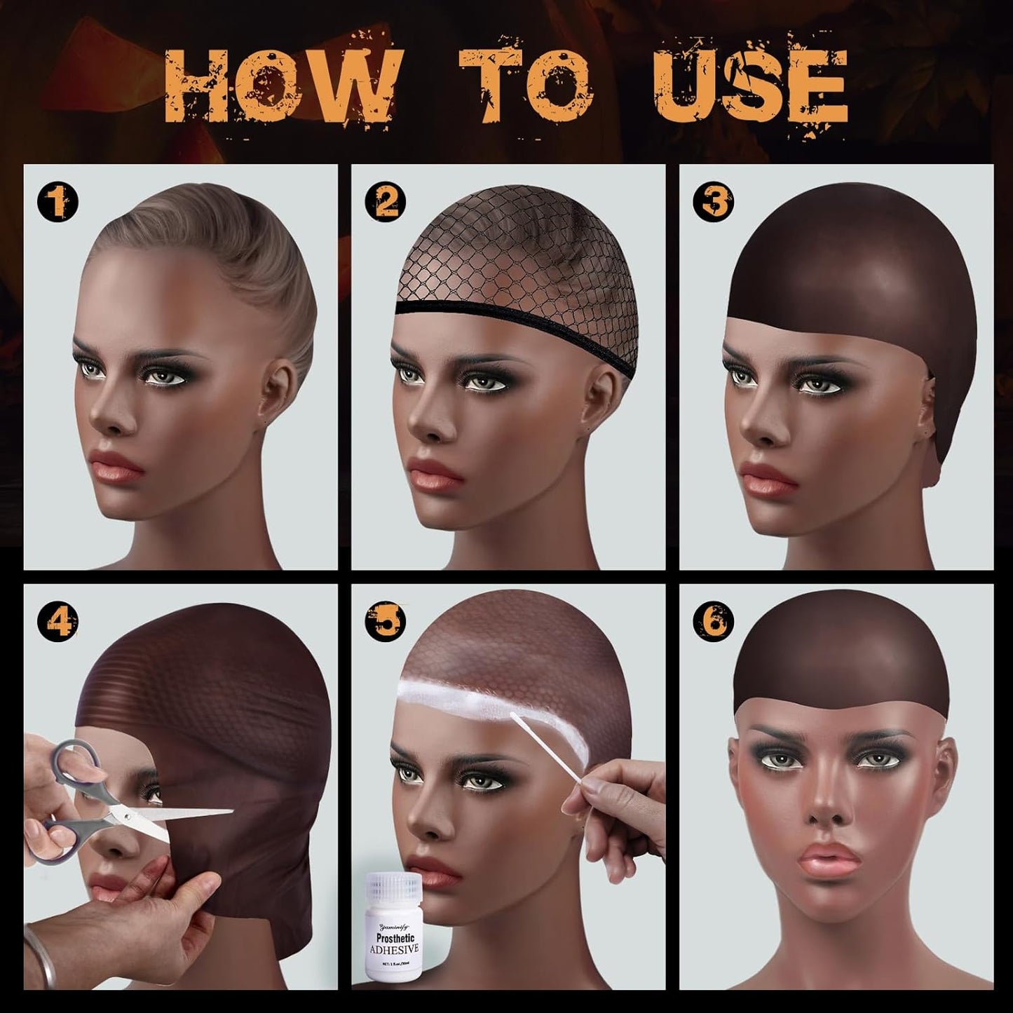 Dark Brown Bald Cap SFX Makeup Kit - Black Wig Cap with Water-Based Adhesive for Deep Skin Tones | Perfect for Halloween & Cosplay