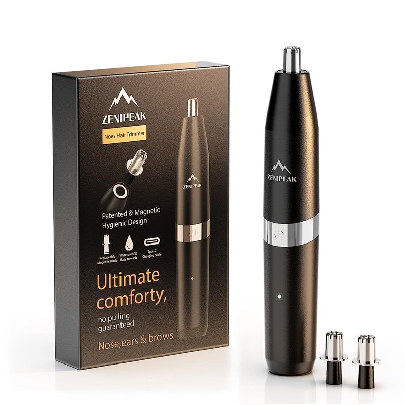 ZENIPEAK Professional Nose Hair Trimmer for Men & Women, USB-C Rechargeable Electric Ear & Nasal Clipper, Micro-Vacuum, Painless 8000 RPM, 3 Patented Magnetic Heads, Waterproof Travel Kit.