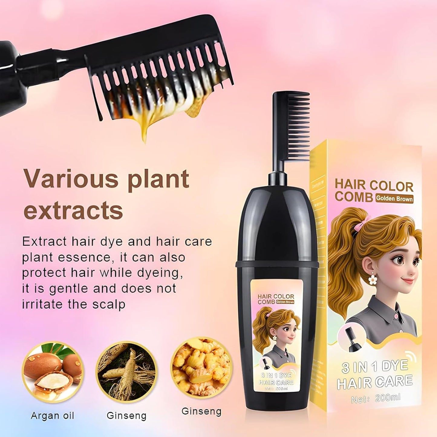 Herbal Hair Coloring Comb - 3-In-1 Easy At-Home Hair Color | Retro Red 200ml - Ammonia-Free, Nourishing Argan Oil & Ginseng