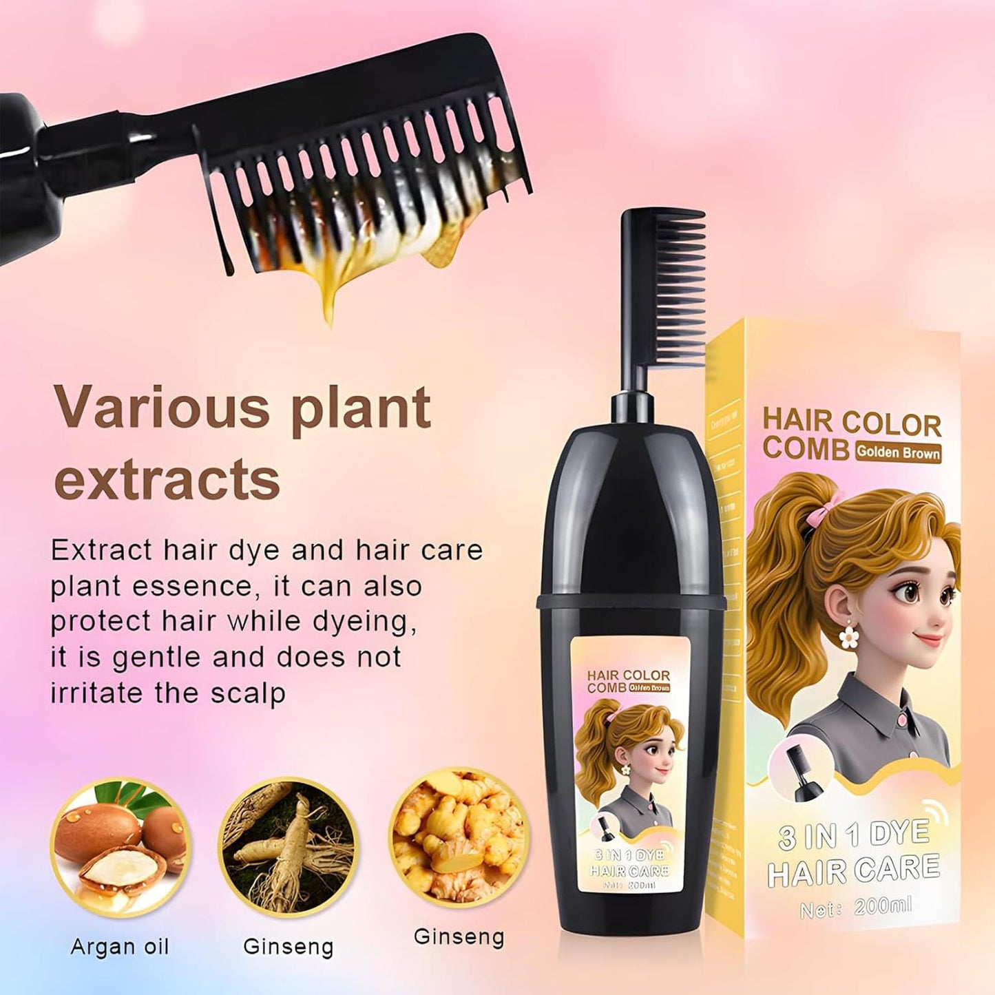 3-In-1 Herbal Hair Coloring Comb | Easy Hair Coloring At Home With Built-In Brush | Retro Red 200ml – No Mix, Ammonia-Free, Covers Grays & Nourishes With Argan Oil & Ginseng (Natural Black)