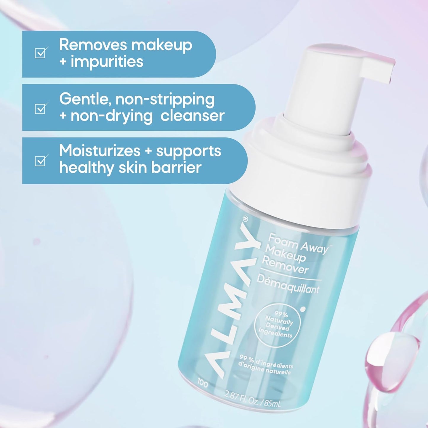 Almay Foam Away Makeup Remover - Gentle Foaming Facial Cleanser | Hypoallergenic, Vegan, 2.87 fl oz