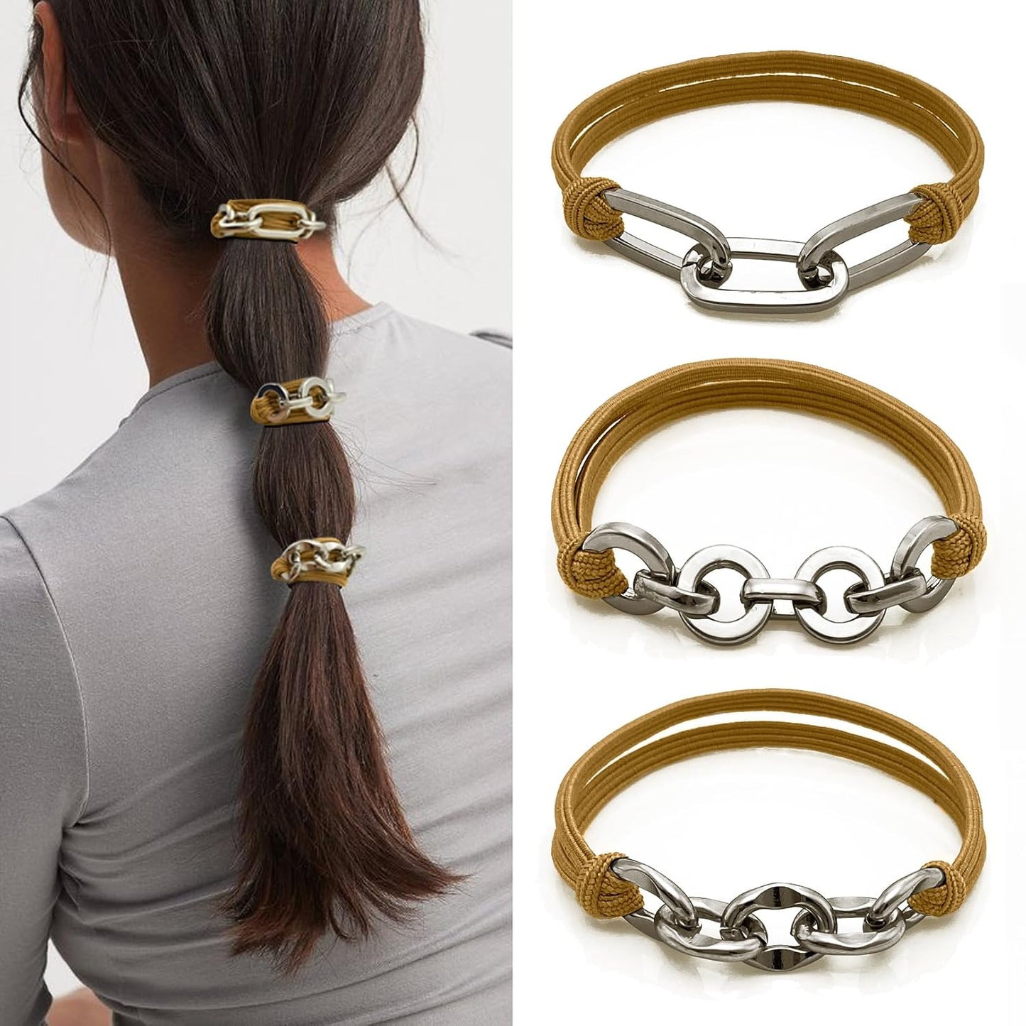 Blonde Boho Hair Ties Bracelet - Trendy Elastic Ponytail Holders with Gold Bead | Ideal for Thick, Thin, Curly Hair (Beige)