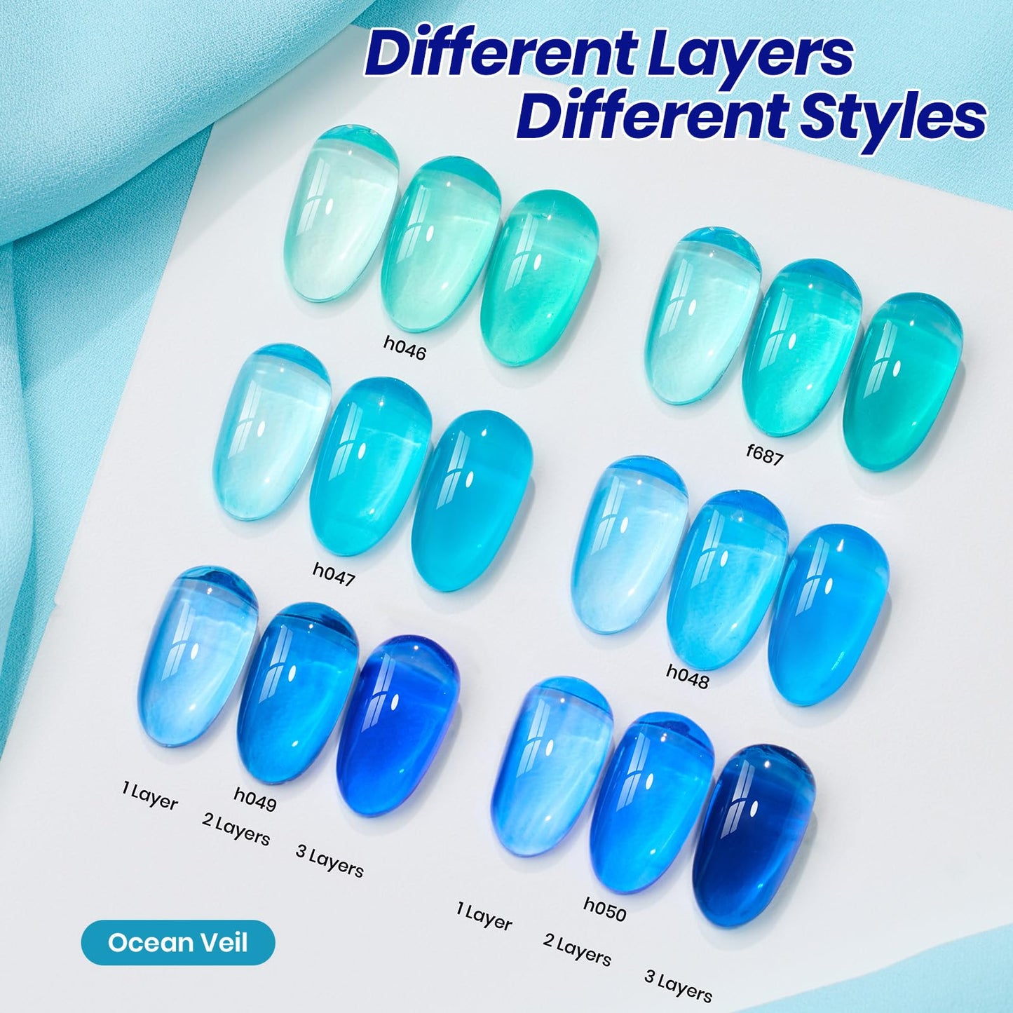 Beetles Blue Gel Nail Polish Set - Ocean Veil 6 Colors Jelly Summer Gel Nail Polish Kit Green Sheer Translucent Effect Soak off UV Nail Art DIY at Home Gift for Women
