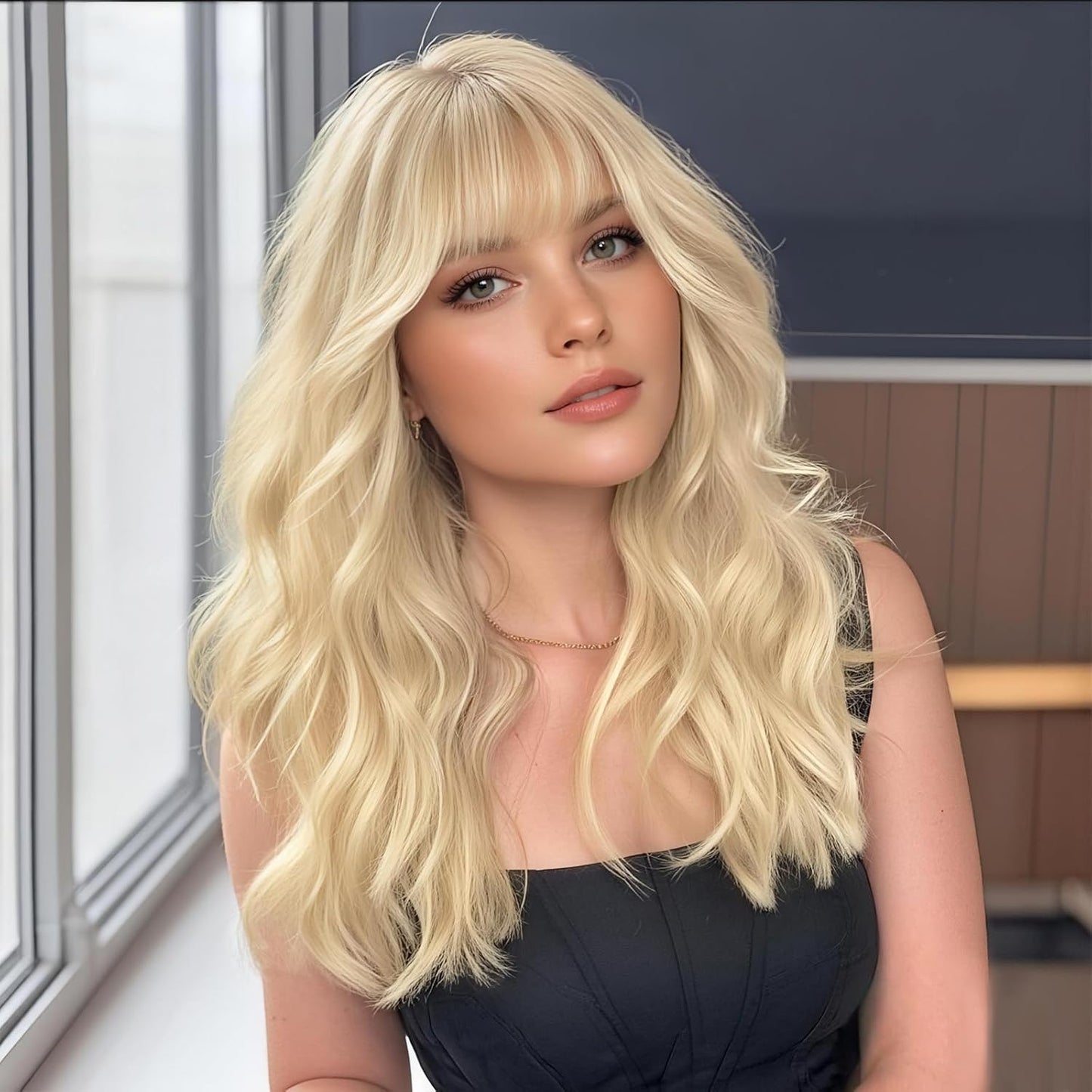 Blonde Wigs for Women - Long Wavy Curly Synthetic Wig with Bangs | Heat Resistant 20 Inch