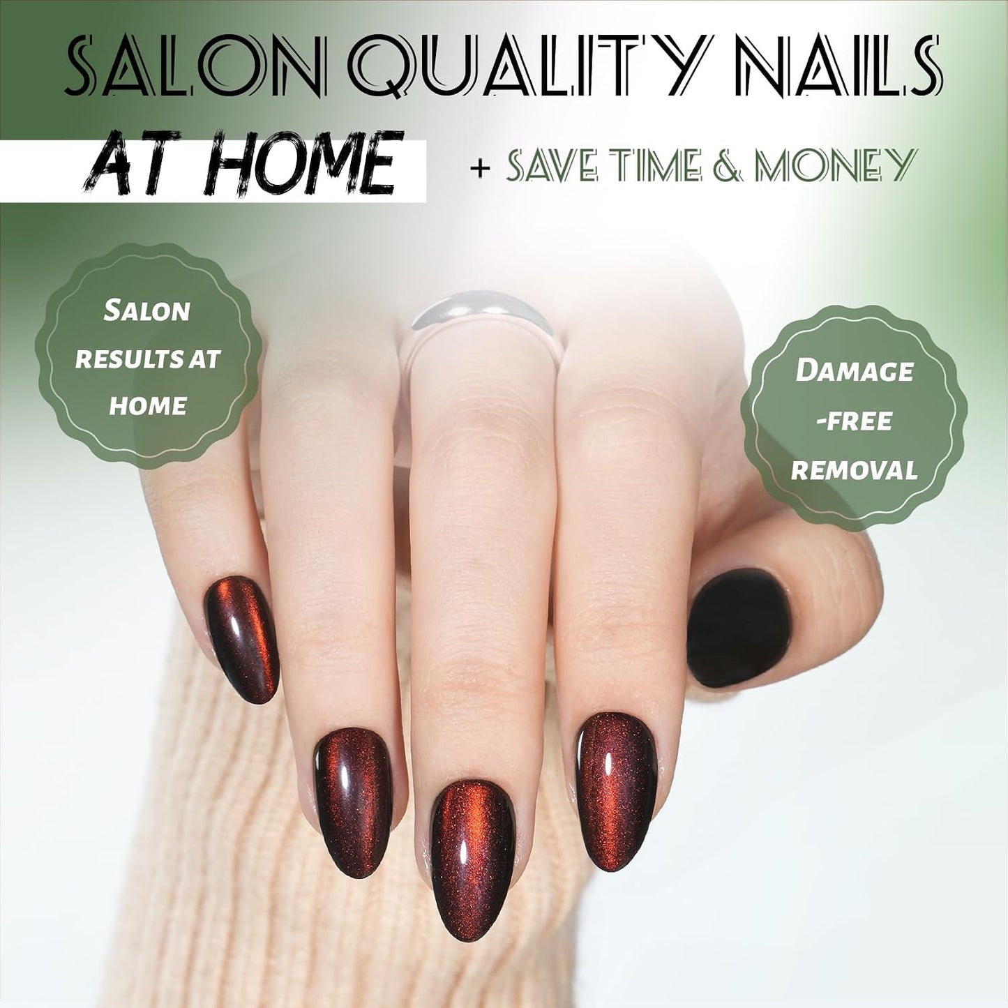 Cat Eye Press On Nails - Short Almond Fake Nails with Nail Glue | Reusable Brown Red 32-Piece Kit in 16 Sizes for Women & Girls