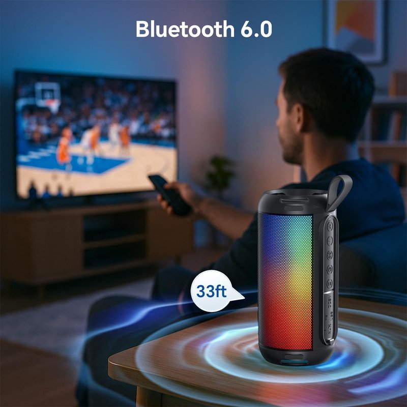 FULMINARE Bluetooth Speaker Wireless TWS Pairing 26W HD Loud Stereo Portable Bluetooth Speakers 6.0 with 16H Playtime, RGB LED Light, IPX5 Waterproof for Home Outdoor Party Gift Black