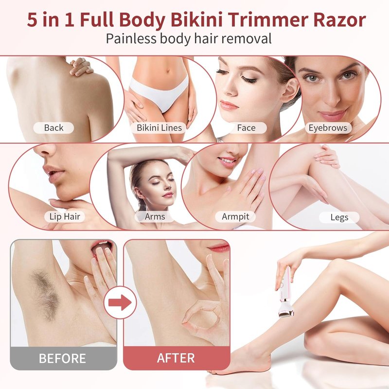 Electric Shaver Razors for Women - 5 in 1 Bikini Trimmer for Women Body Hair Trimmer Facial Hair Removal Cordless Rechargeable Body Shaver for Face Chin Arms Underarm Legs Arms Eyebrow