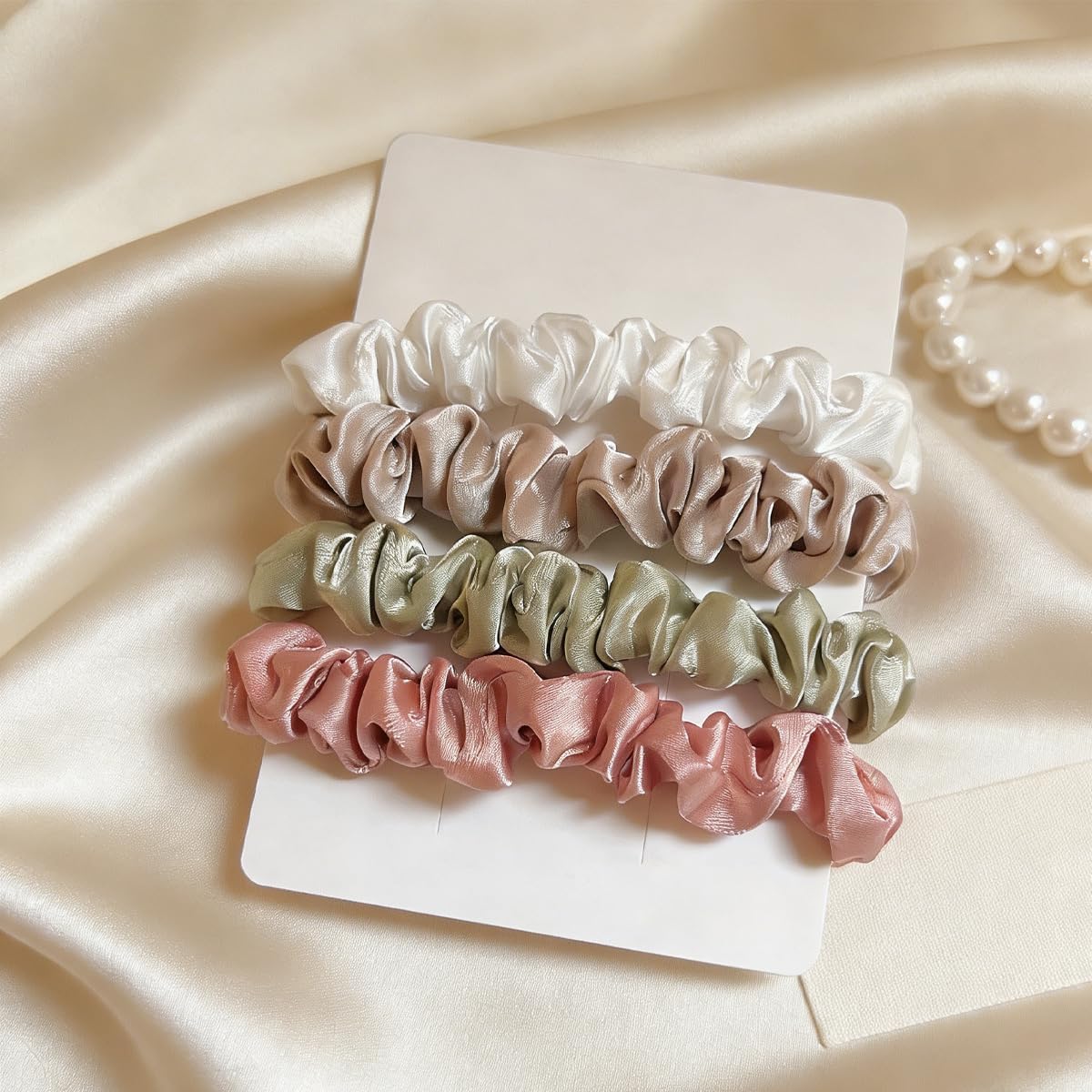 4Pcs Satin Mini Scrunchies Set Neutral Colors Hair Ties for Women，Soft Hair Ties for Everyday Wear