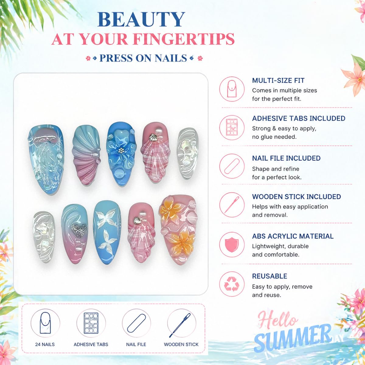 30Pcs Summer Beach Press On Nails - Medium Almond Shaped 3D Jellyfish & Flower Design | Reusable Pink & Blue Acrylics