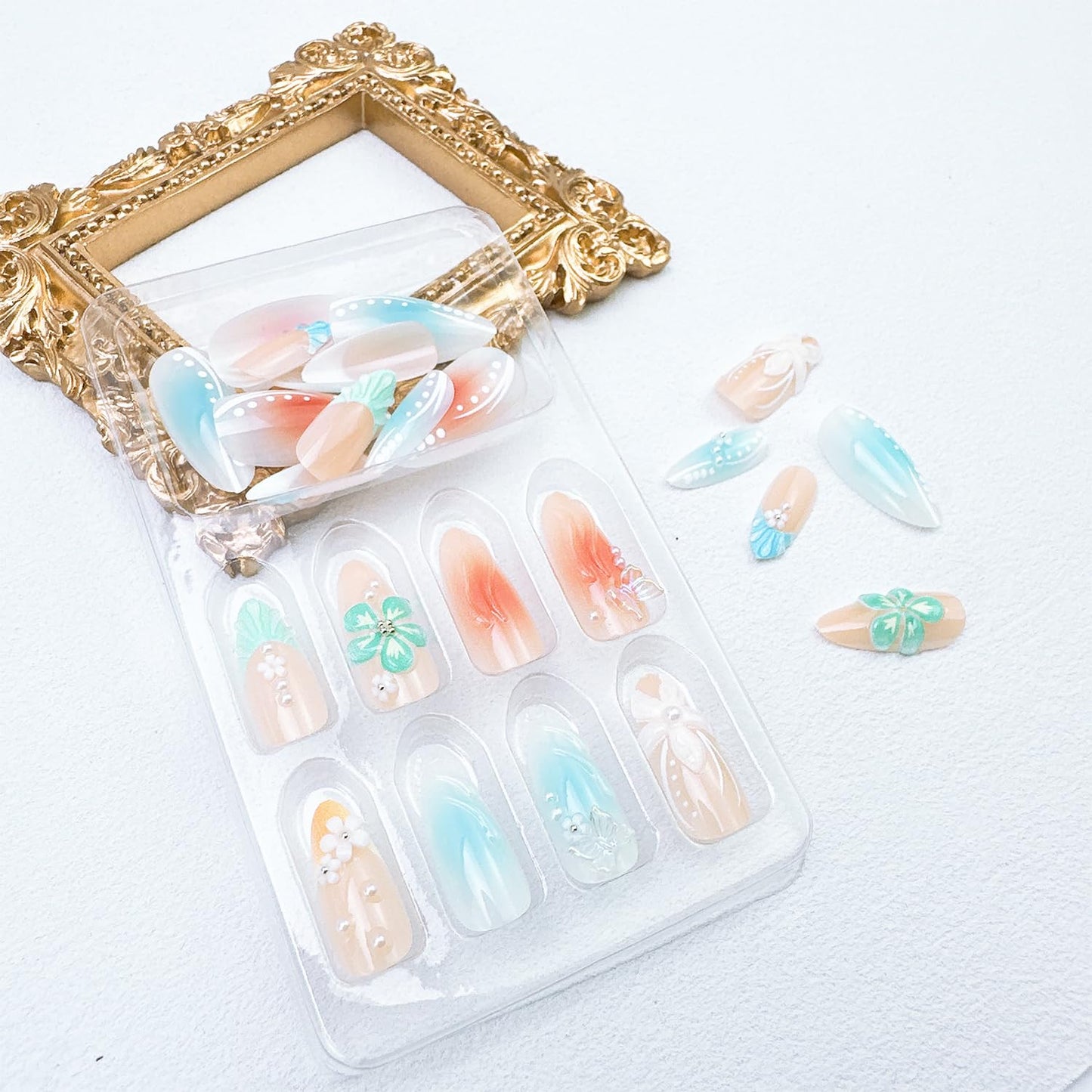 24pcs Summer Press-On Nails | Medium Almond Shape with 3D Flower & Butterfly Designs - Gradient Full Cover Acrylic