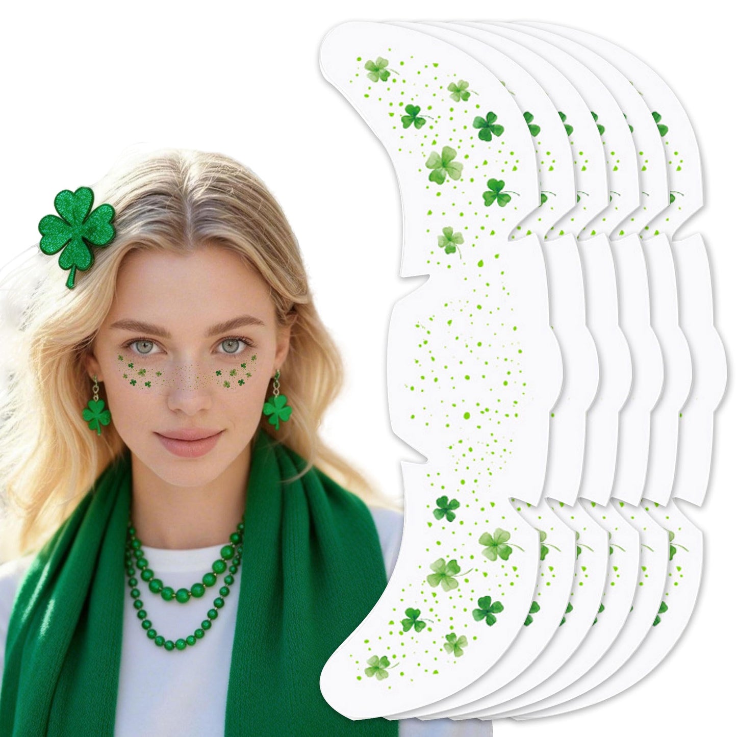 St. Patrick’s Day Temporary Tattoos - 6Pcs Glitter Shamrock & Four-Leaf Clover Face Stickers for Party