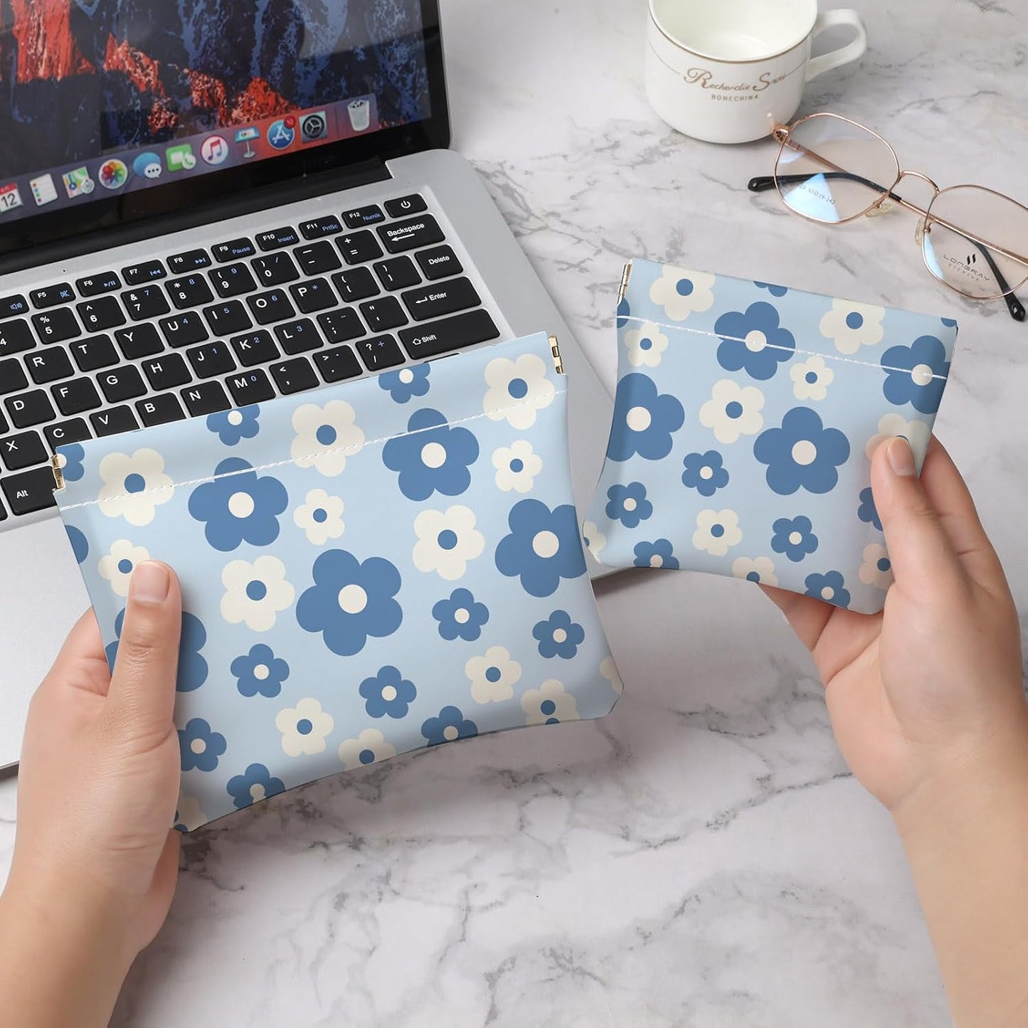 Small Makeup Bag Set - 2 PCS PU Leather Cosmetic Organizer | Portable Travel Toiletry Pouch with Blue and White Floral Design