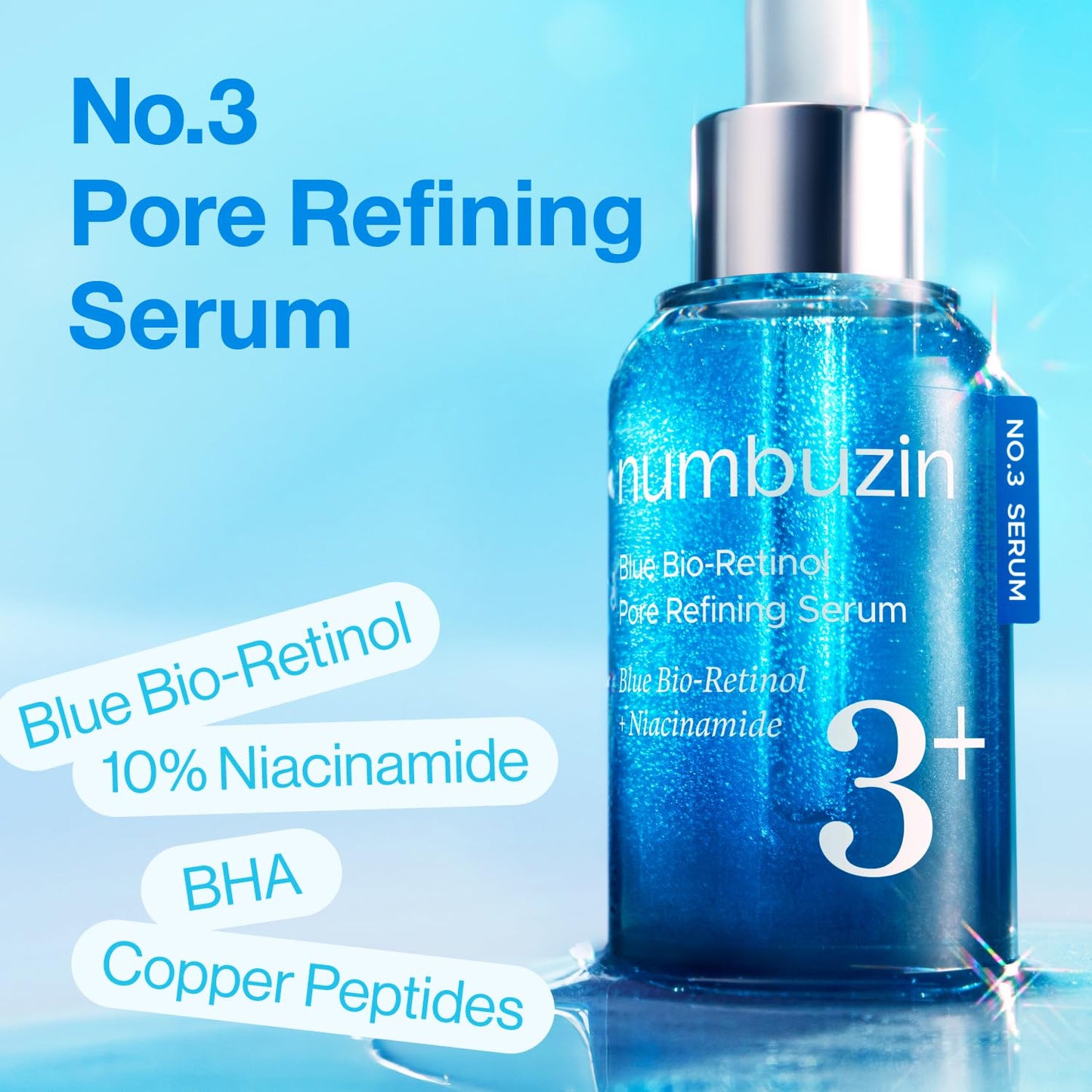 Numbuzin No.3 Retinol Serum - Blue Bio-Retinol Pore Refining | Tightening, Firming, BHA, Niacinamide, Peptide | 1.01 fl. oz (30ml)