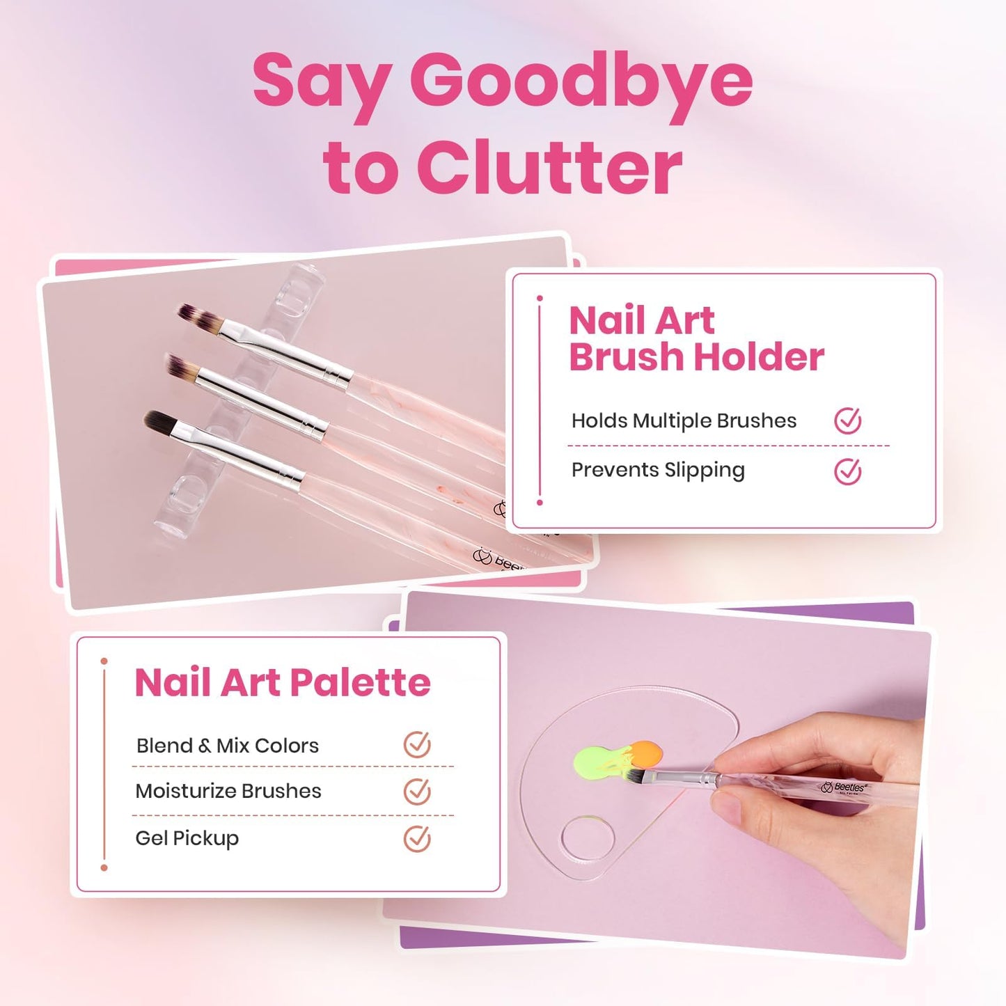 Beetles Blooming Gel and Nail Art Brushes Set - Ombre Nail Brush Gradient Stipple Clean Up Fingernail Art Pens and Silicone Dotting Tool for Gel Polish Marble Blush Chrome DIY Manicure Designs