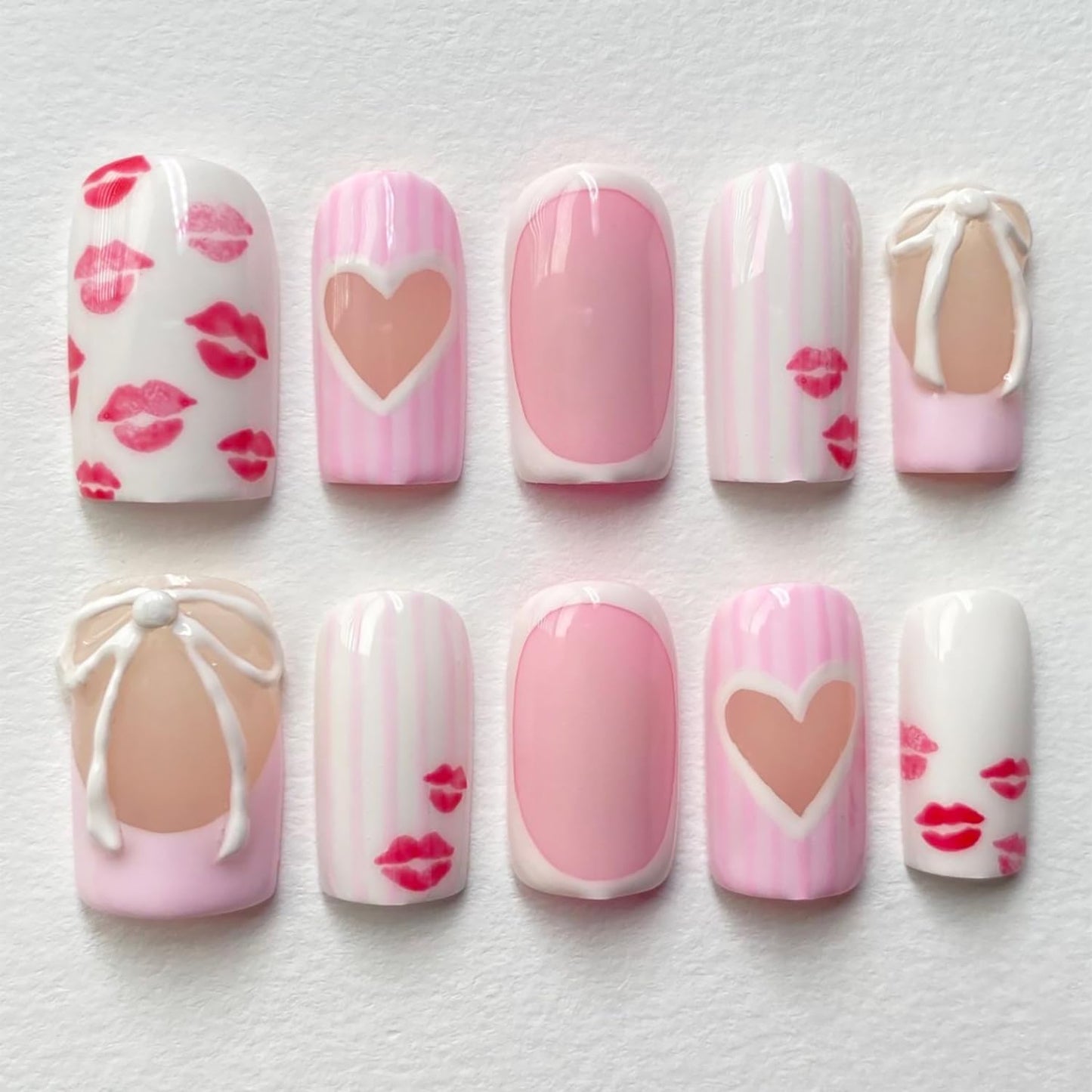 Valentine's Press-On Nails - 30 Pcs Short Almond Red French Tip with Pearl & Gold Bow | Romantic Heart Acrylic Set