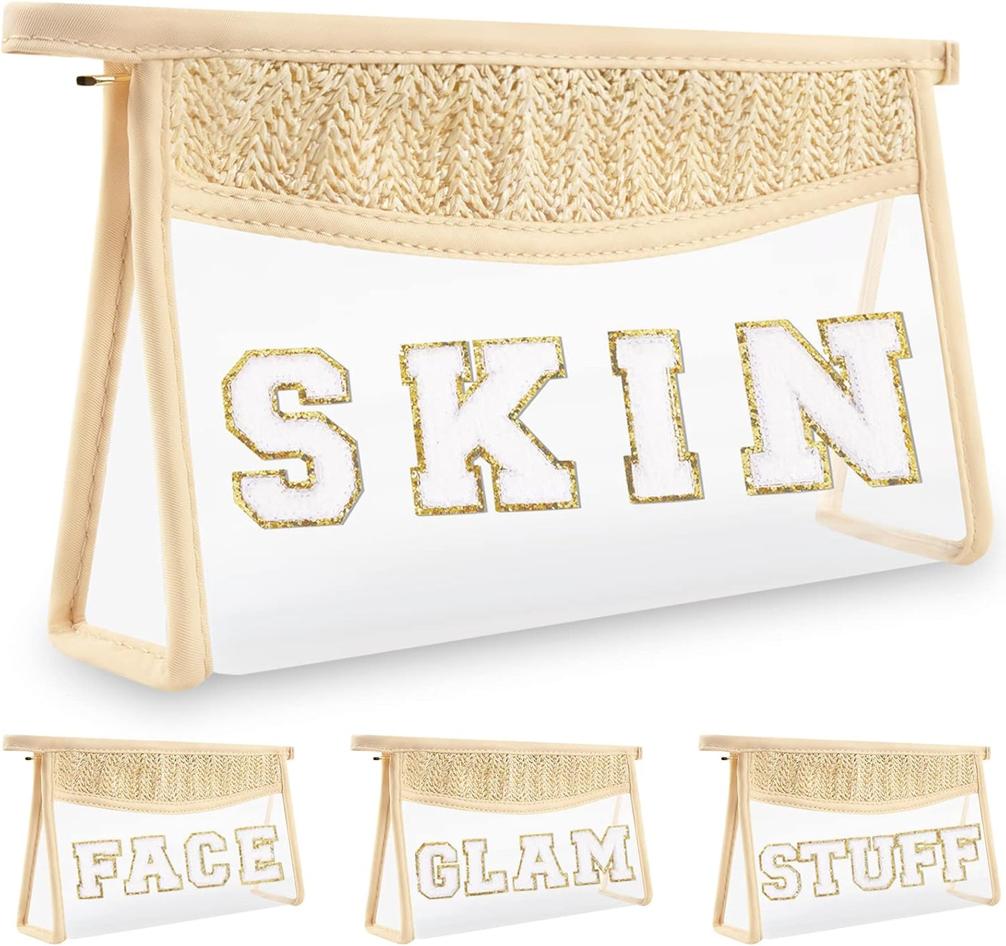 Clear Makeup Letter Patch Bag - Boho Transparent Toiletry Pouch | Small Waterproof Cosmetic Organizer for Women