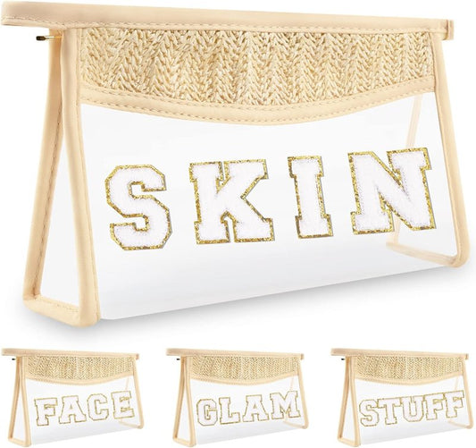Clear Makeup Letter Patch Bag - Boho Transparent Toiletry Pouch | Small Waterproof Cosmetic Organizer for Women