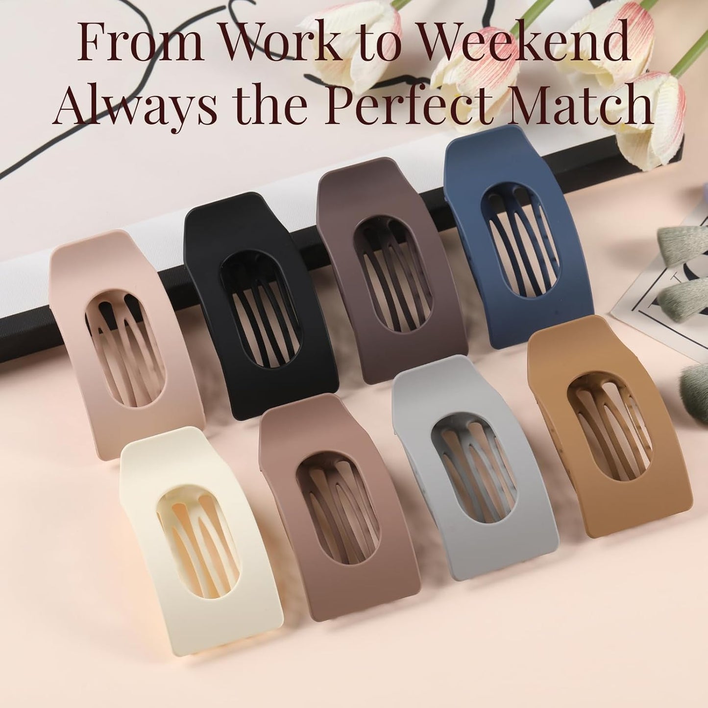 Flat Hair Clips for Women - 8 Pack Large Matte Rectangle No-Slip Claw Clips | Strong Hold for Thick & Thin Hair