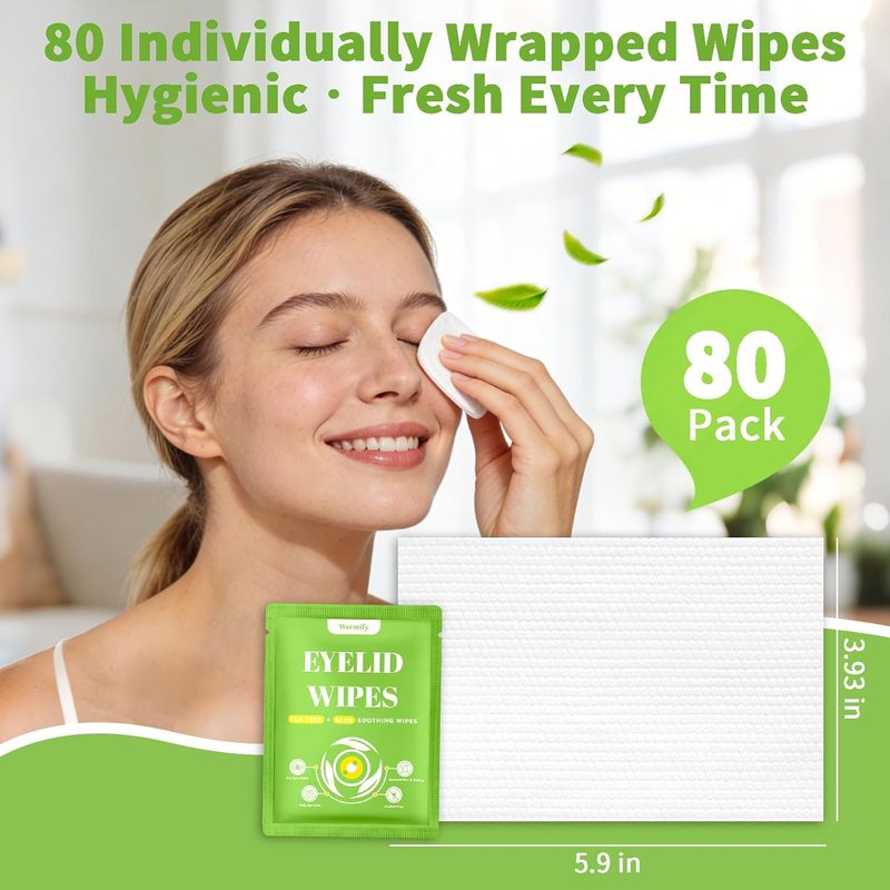 Eyelid Wipes - 80 Pcs Tea Tree Oil Cleansing Wipes for Sensitive Eyes | Alcohol-Free Daily Eye Care