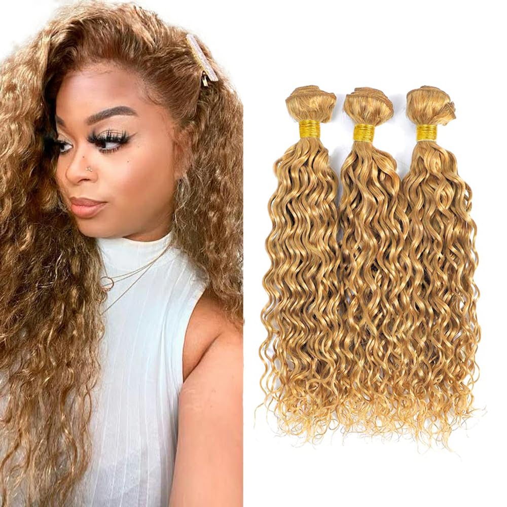 20 22 24 Inch #27 Honey Blonde Bundles Human Hair Water Wave 3 Bundles Brazilian Remy Hair 50 Grams/Bundle 10A Grade Unprocessed Virgin Hairs Blonde Water Wave Bundle Weaves Extensions