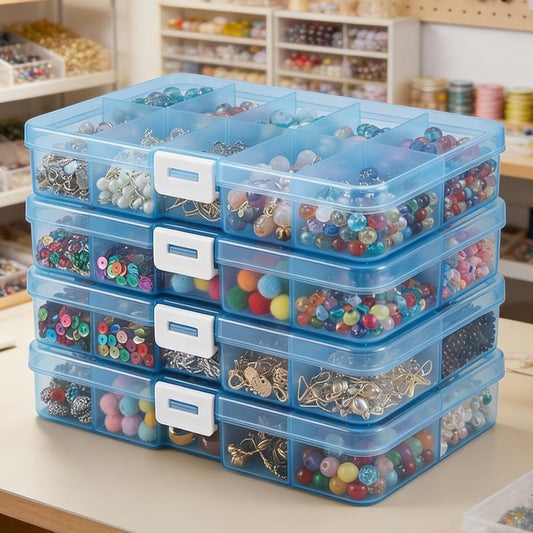 Jewelry & Bead Storage Boxes - 4 Pack Waterproof Plastic Organizer | 40 Grids, Stackable Craft Case, Blue