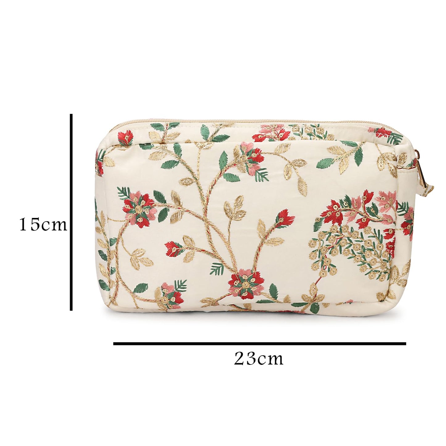 LONGING TO BUY Floral Embroidered Cosmetic Pouch, Make Up Organizer Pouch for Women, Zip Pouch Combo for Multiple Use Wristlet Design (White Multi)
