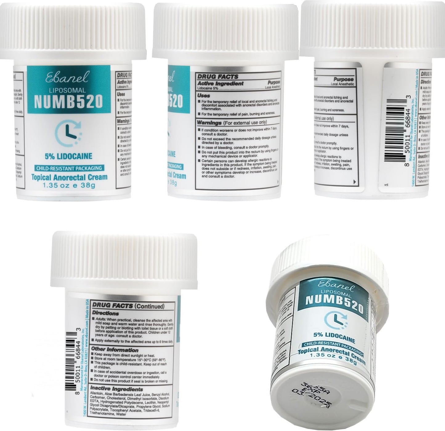 Ebanel 5% Lidocaine Numbing Cream - Maximum Strength Pain Relief for Hemorrhoids & Burns | 1.35 Oz