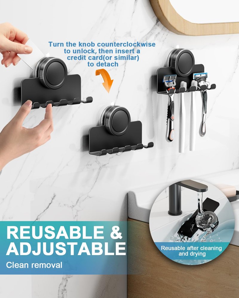 RIVAMBER Suction Cup Hooks, Razor Holder for Shower, Matte Black Shaver Holder Waterproof No Drill Adhesive Hanger for Hanging Loofah Towel Toothbrush Bathroom Kitchen Tiles Glasses
