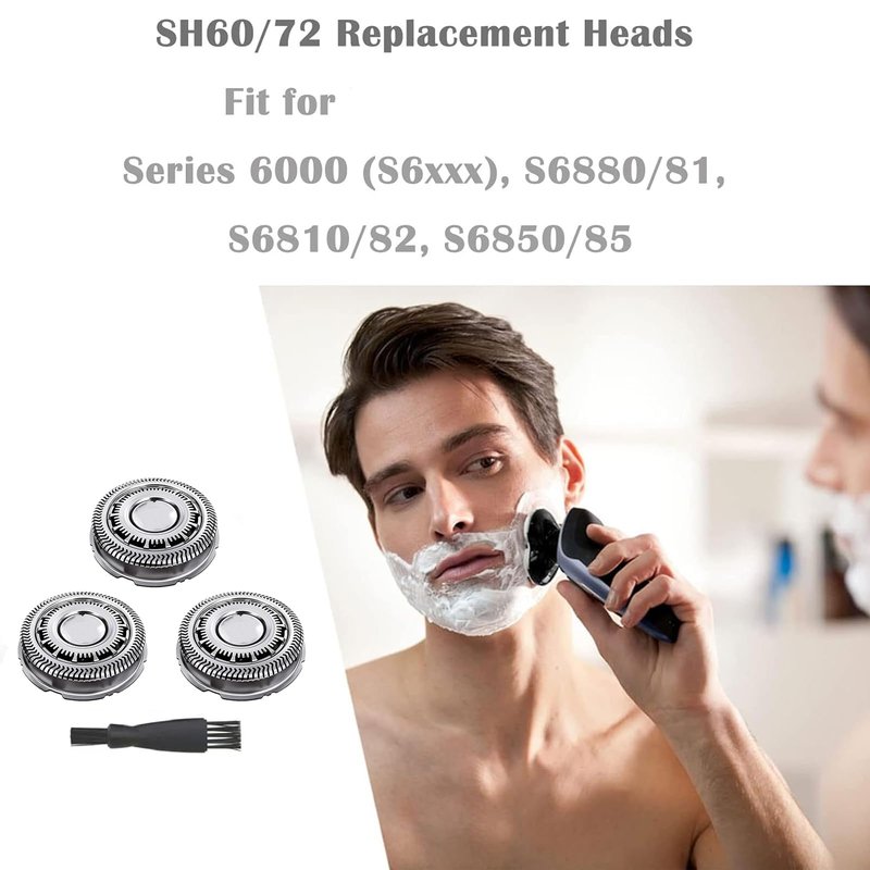 Suleto SH60/72 Replacement Shaver Heads Compatible with Philips Series 6000, SH60 Shaving Heads Compatible with Norelco S6880/81, S6810/82, S6850/85, 3-Pack with Cleaning Brush