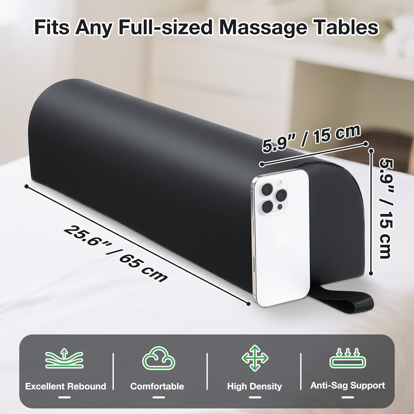 Noverlife 3/4 Round Massage Table Bolster Pillow - PU Leather Support for Knee, Neck & Back Pain Relief | 26 x 6 x 6 in - Black