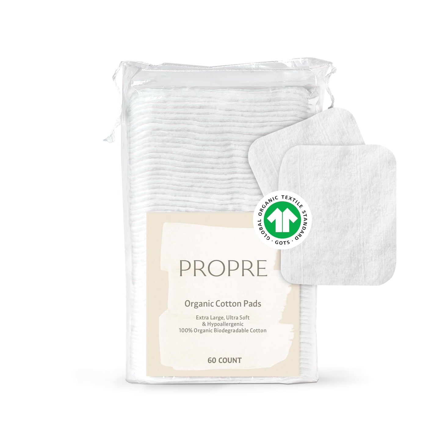 Propre Baby XL Premium European Style 100% Organic Cotton Pads – GOTS Certified, Dry Wipes – Ultra-Thick & Lint-Free for Sensitive Skin, for Diaper Changes and Make up Removal (60ct)