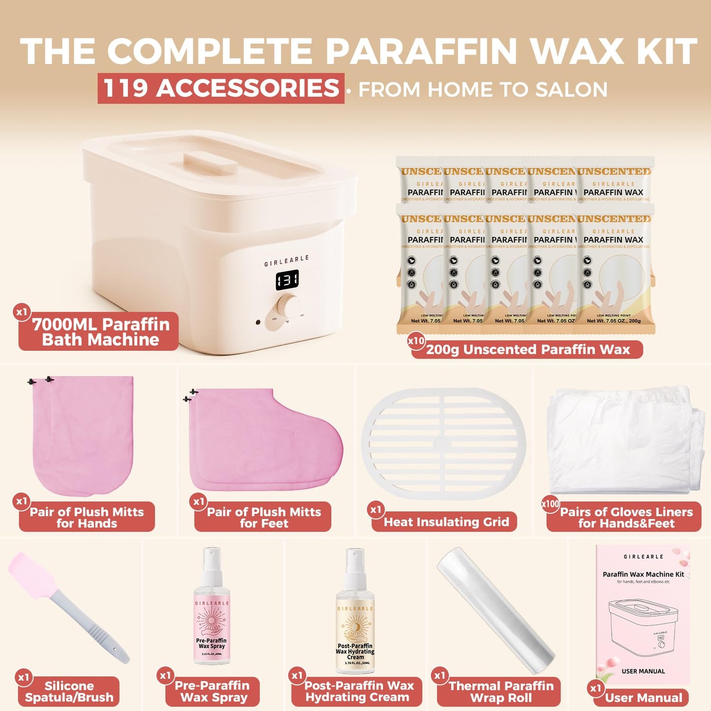 GIRLEARLE 7000ml Paraffin Wax Machine for Hand and Feet, Hand Wax Paraffin Machine Bath with 4.4 lbs Scent-Free Paraffin Wax Refills for Hands, Feet, Elbows & Body to Relieve Stiff Muscles & Joints