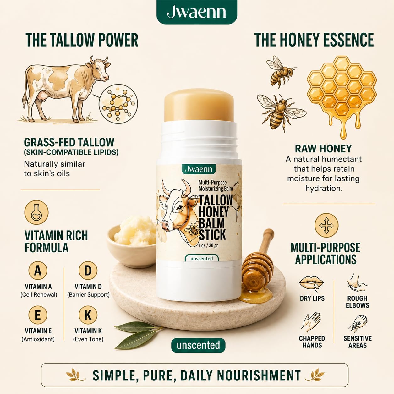 JWAENN Tallow Honey Balm Stick Grass-Fed Beef Tallow Moisturizer for Face & Body, Multi-Purpose Solid Balm for Sensitive Skin, with Raw Honey & Vitamin E, 30g, 1 oz