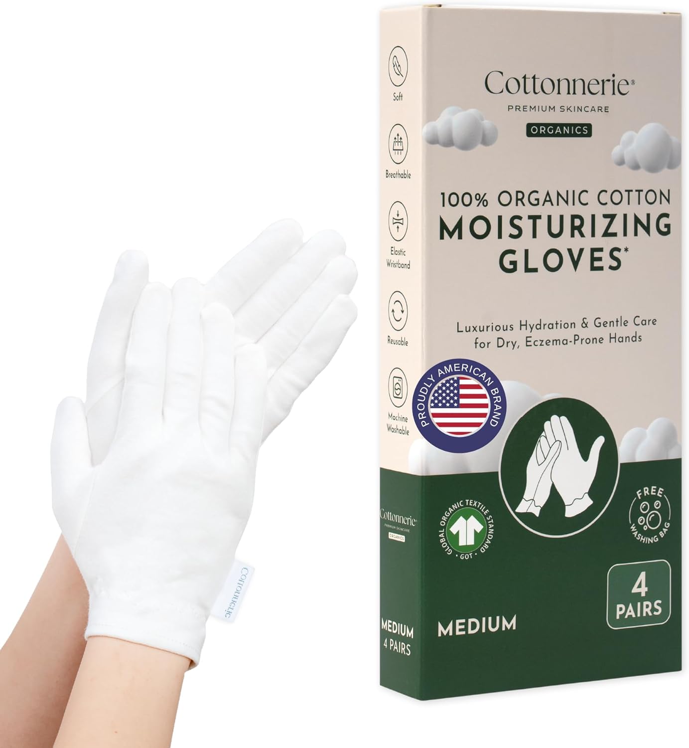 Cotton Moisturizing Gloves for Dry Hands - 4 Pairs Overnight Hand Care | Medium Size