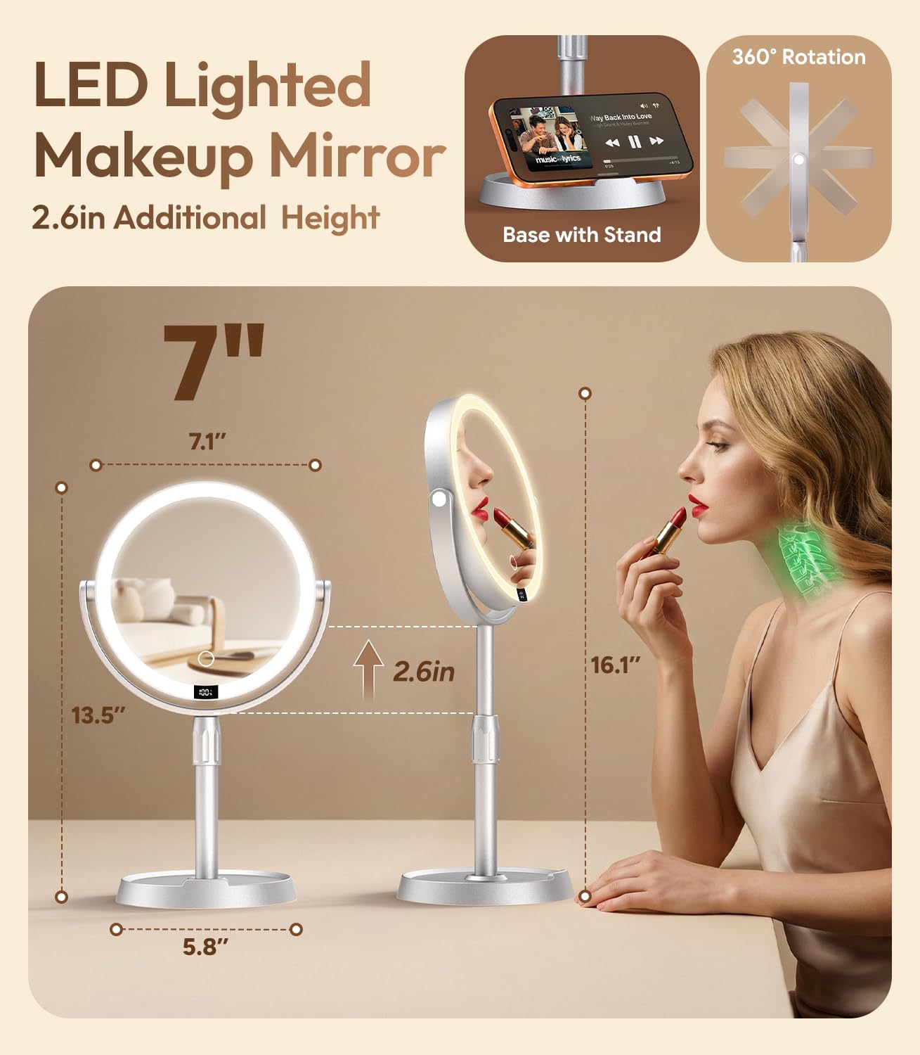 7" ABS Lighted Makeup Mirror with Lights, 1X/20X Magnifying Mirror with Light and Digital Display, 2.6in Height Adjustable, Rechargeable, 3 Color Modes for Makeup & Shaving, Easy to Detach, Women Gift
