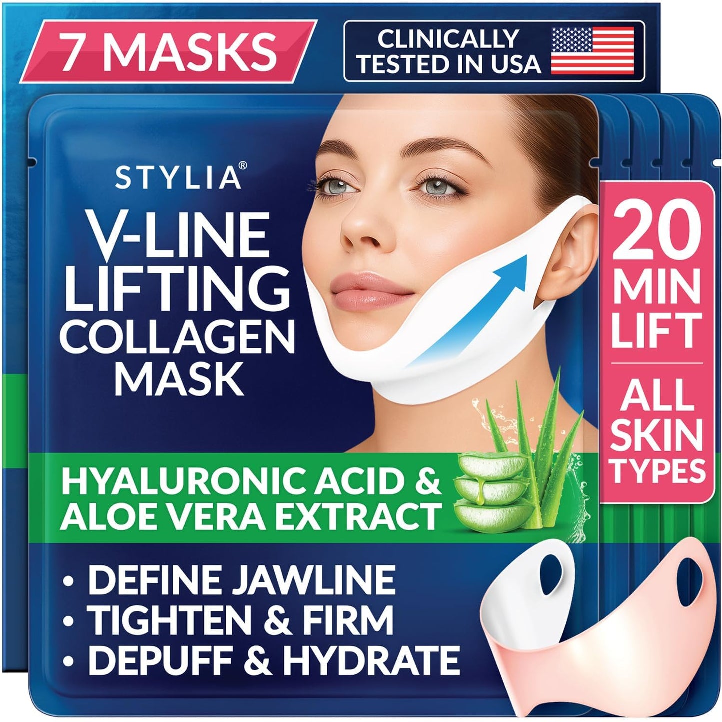 Stylia V Line Lifting Collagen Mask - Firm & Contour Jawline with Hyaluronic Acid & Aloe | 10 Pack