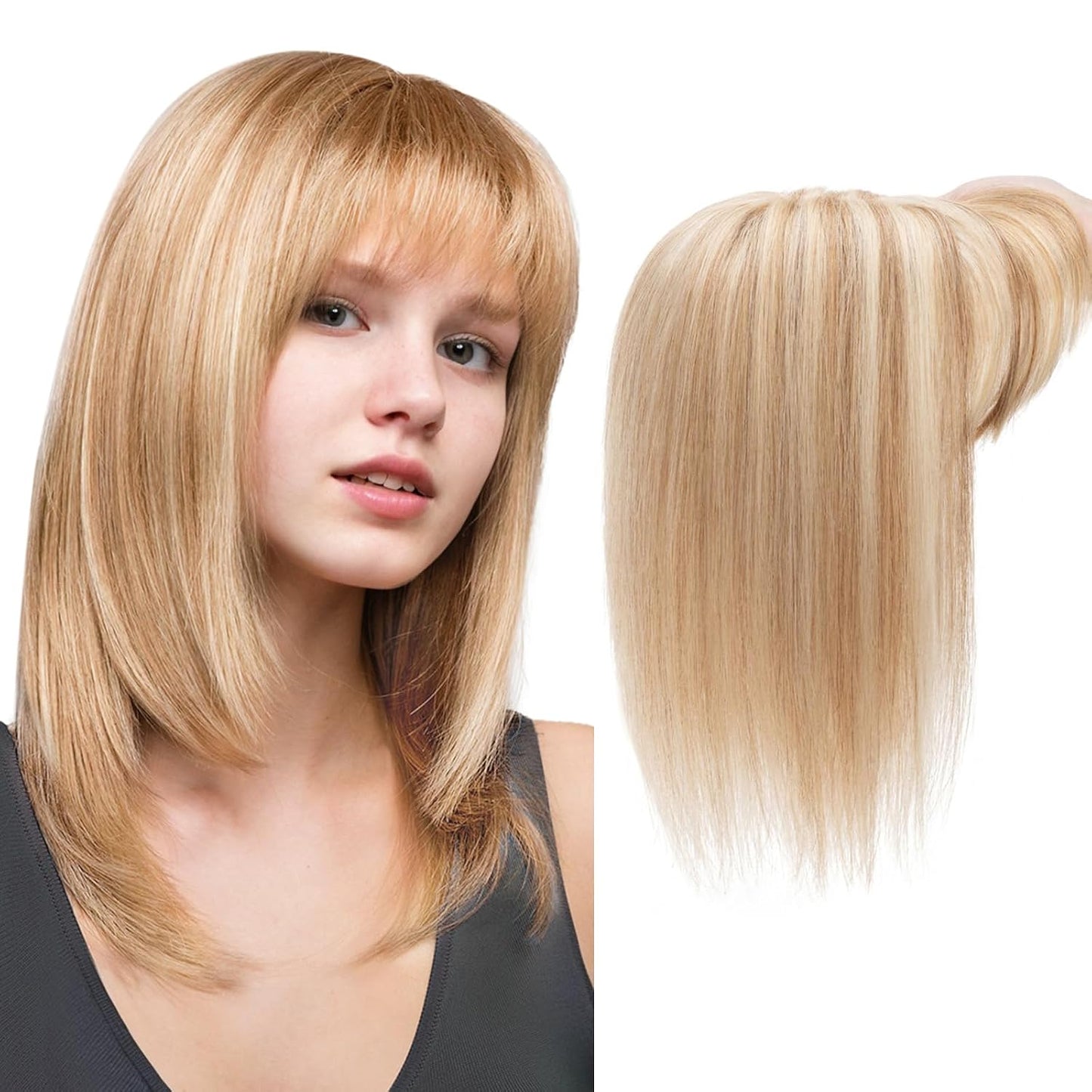 Hair Toppers for Women - Real Human Hair Clip-In 10 Inch Straight Hairpieces | Medium Brown Silk Base with Bangs