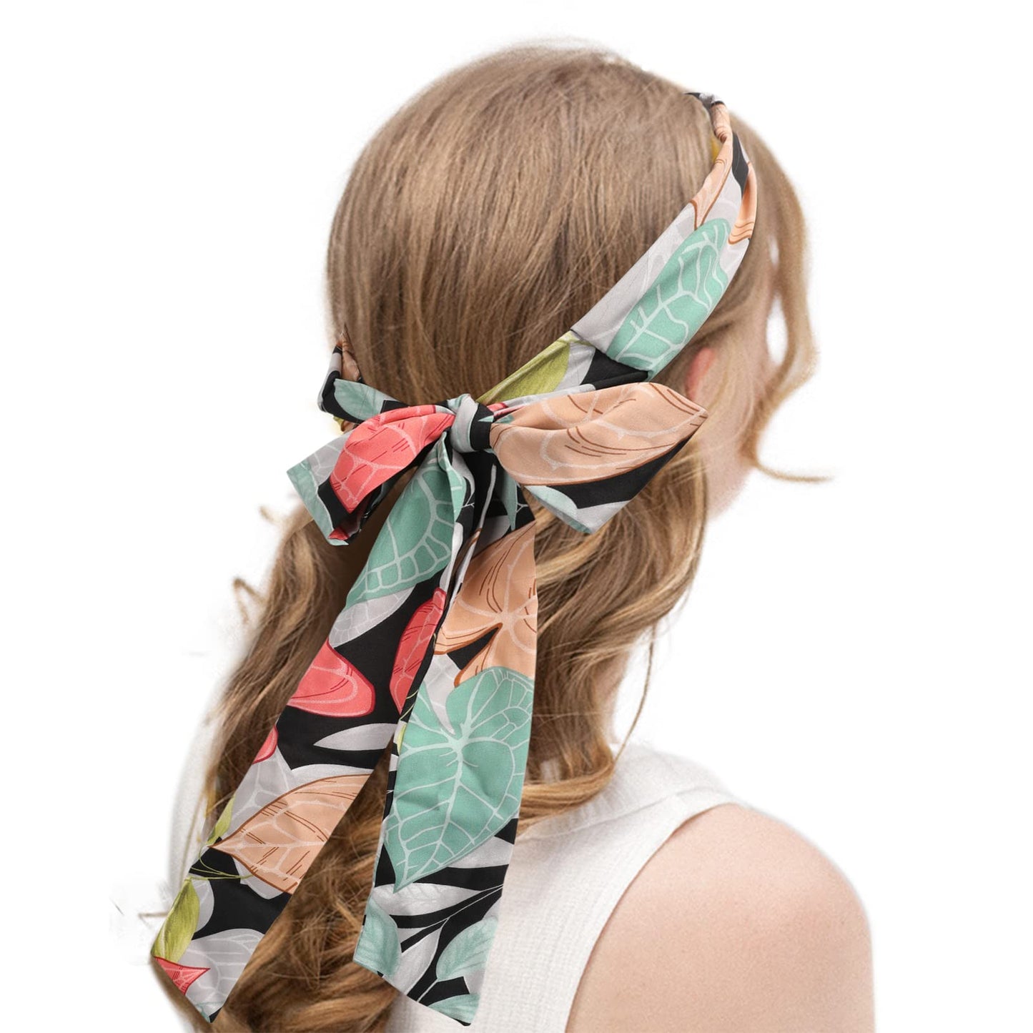 AWAYTR Women's Long Head Wraps - 3PCS Chiffon Criss Cross Headbands for Long Thick Hair (Flowering leaves, Red, White, Black)