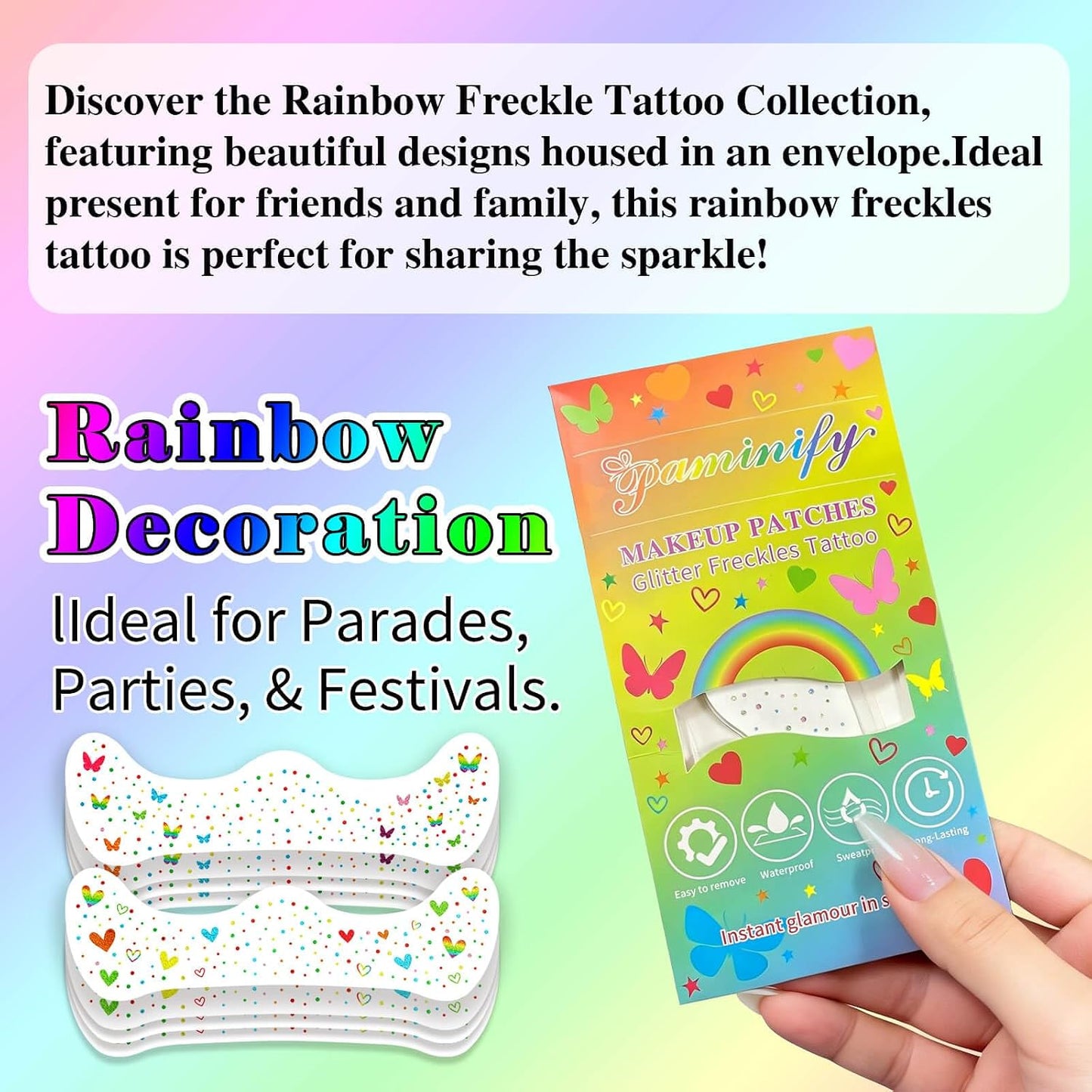 Rainbow Face Glitter Freckles - Waterproof LGBT Pride Makeup Accessories | 8 PCS Butterfly & Heart Temporary Tattoos