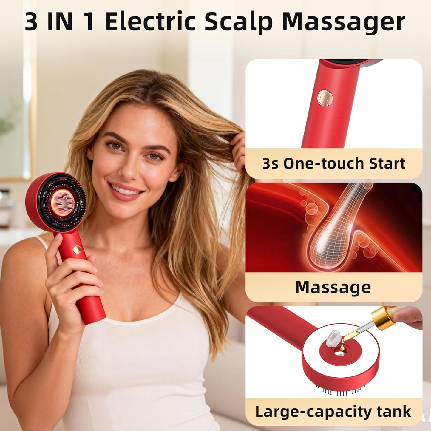 Electric Scalp Massager - 3 in 1 Hair Oil Applicator & Waterproof Brush | Cordless Portable Device for Hair Growth - Red