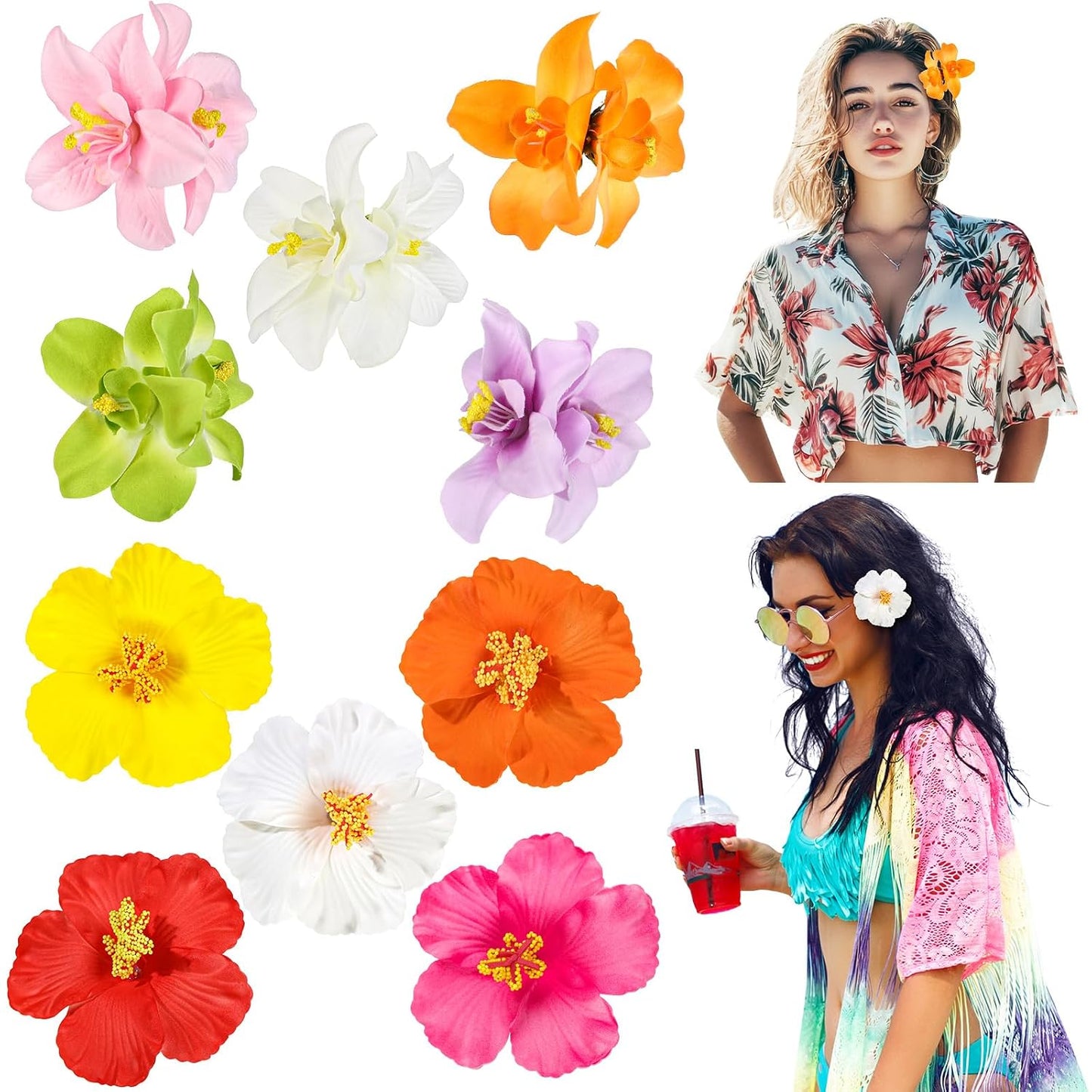 Hawaiian Flower Hair Clips - 10 Pcs Plumeria & Hibiscus Accessories | 3.5 Inch for Beach Parties