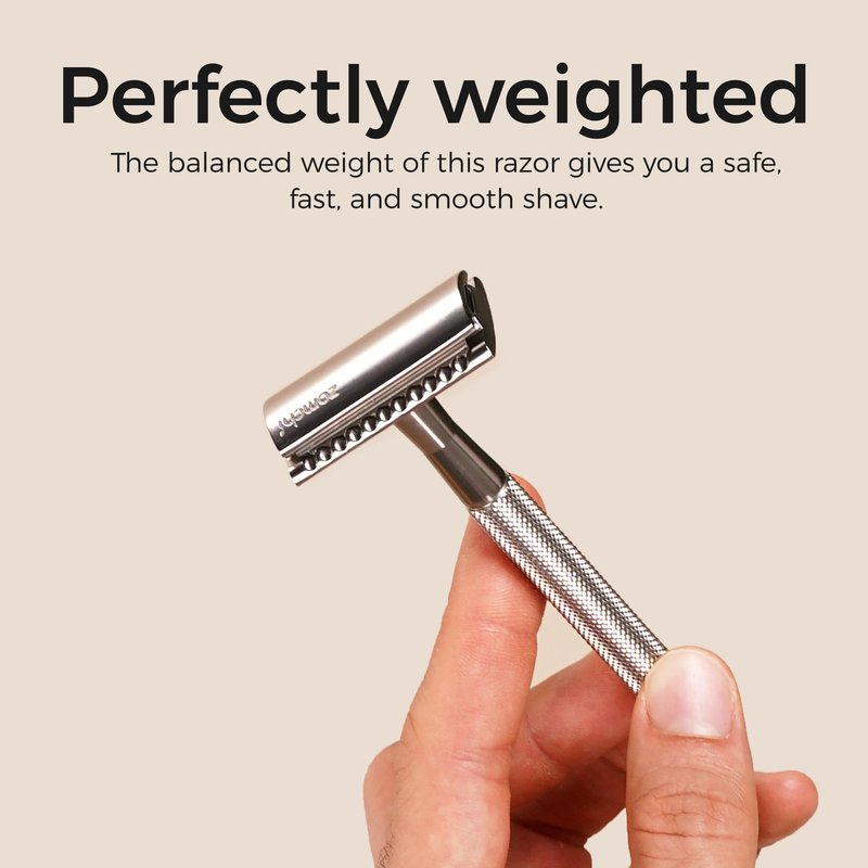 ZOMCHI Double Edge Safety Razor Kit for Men & Women, Reusable Metal Razor with Stand and 10 Blades, Eco-Friendly Plastic-Free Shaving - Matte Silver
